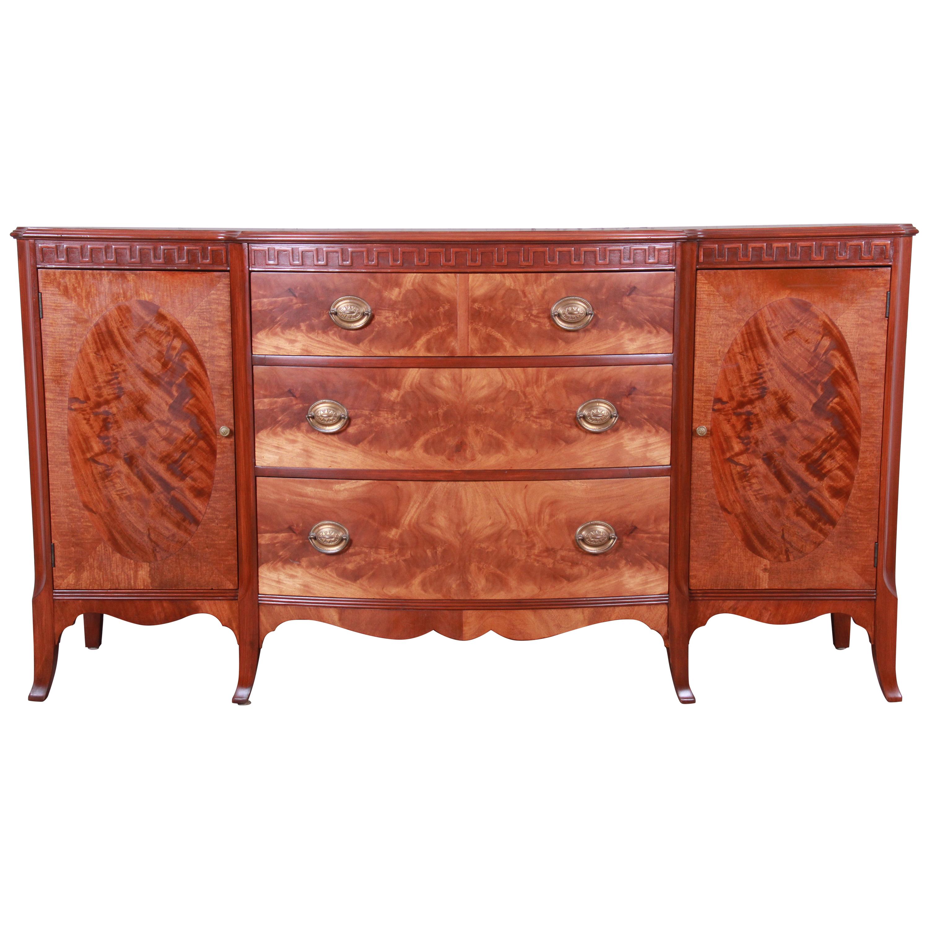 Romweber Mahogany and Burl Sideboard Credenza or Bar Cabinet, Newly Refinished