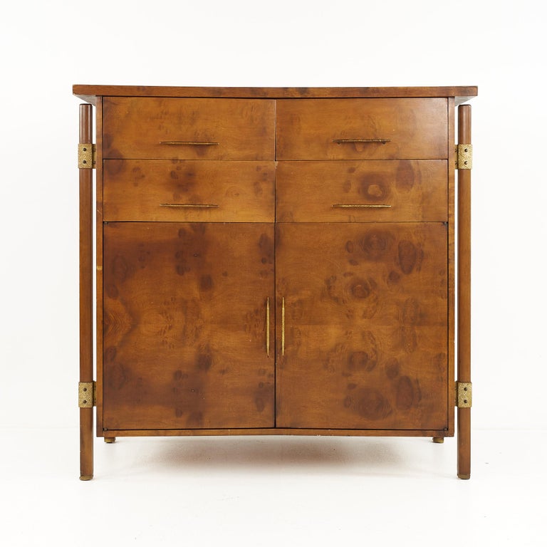 Romweber Mid Century Burlwood and Brass Curved Armoire Highboy Dresser