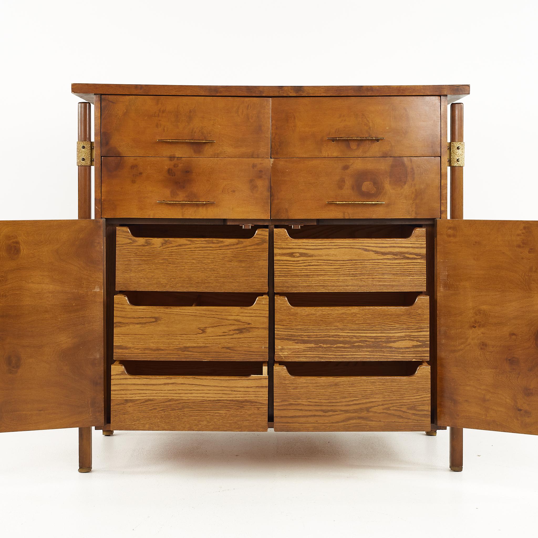 Romweber Mid Century Burlwood and Brass Curved Armoire Highboy Dresser ...