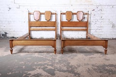 Romweber Midcentury Hollywood Regency Burl Wood and Brass Twin Beds, Pair
