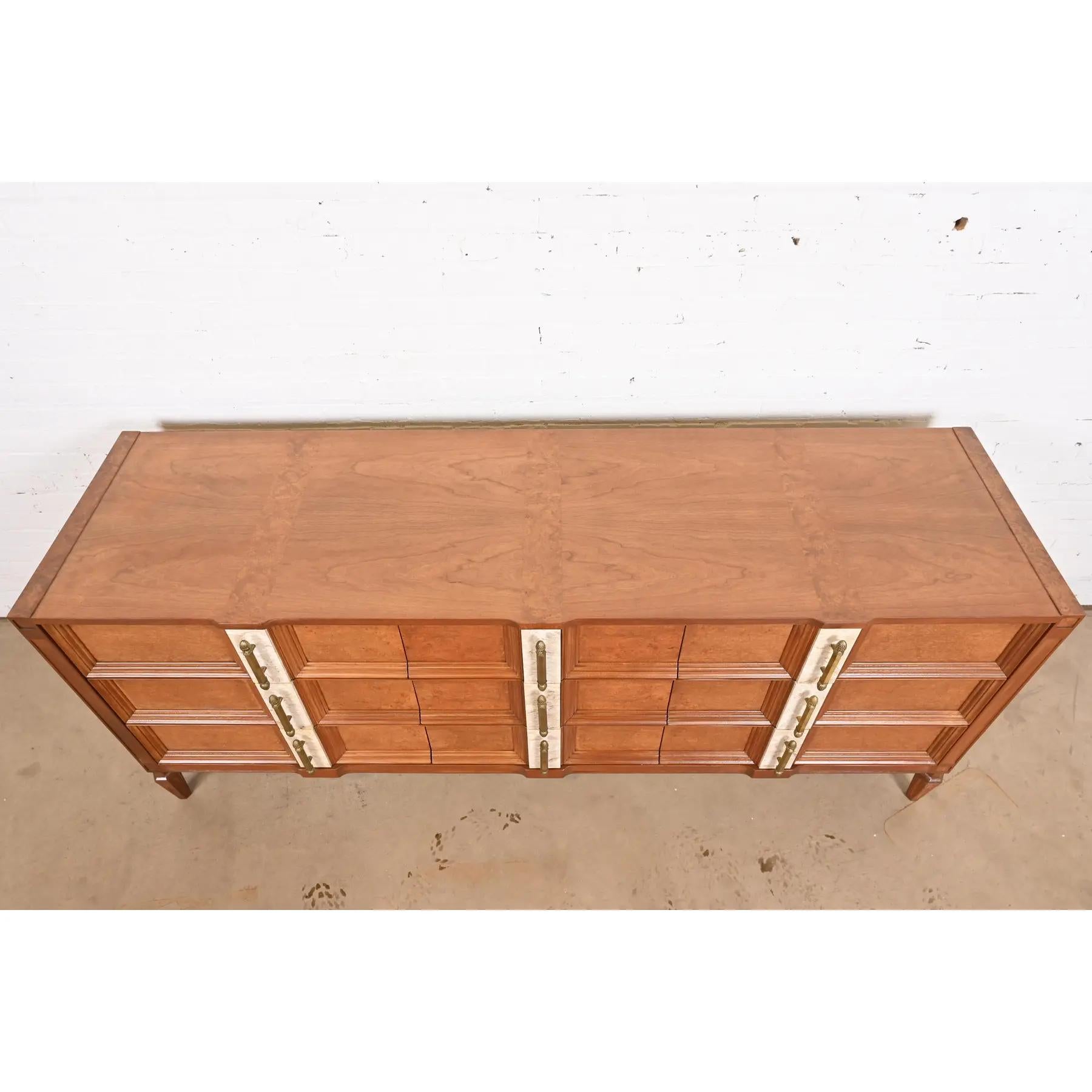 Romweber Mid-Century Hollywood Regency Burl Wood Dresser, Newly Refinished For Sale 3