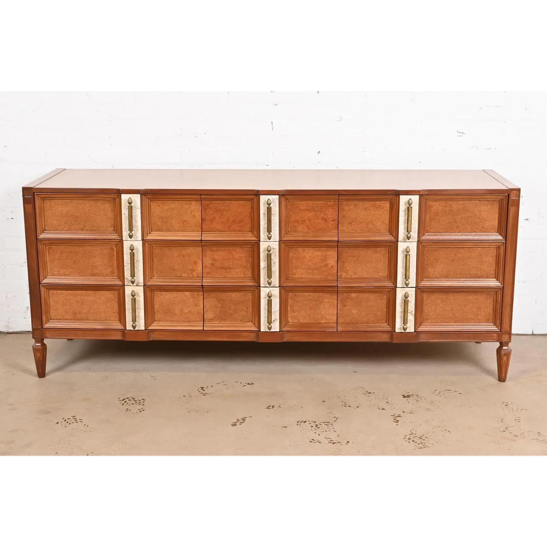 Mid-Century Modern Romweber Mid-Century Hollywood Regency Burl Wood Dresser, Newly Refinished For Sale