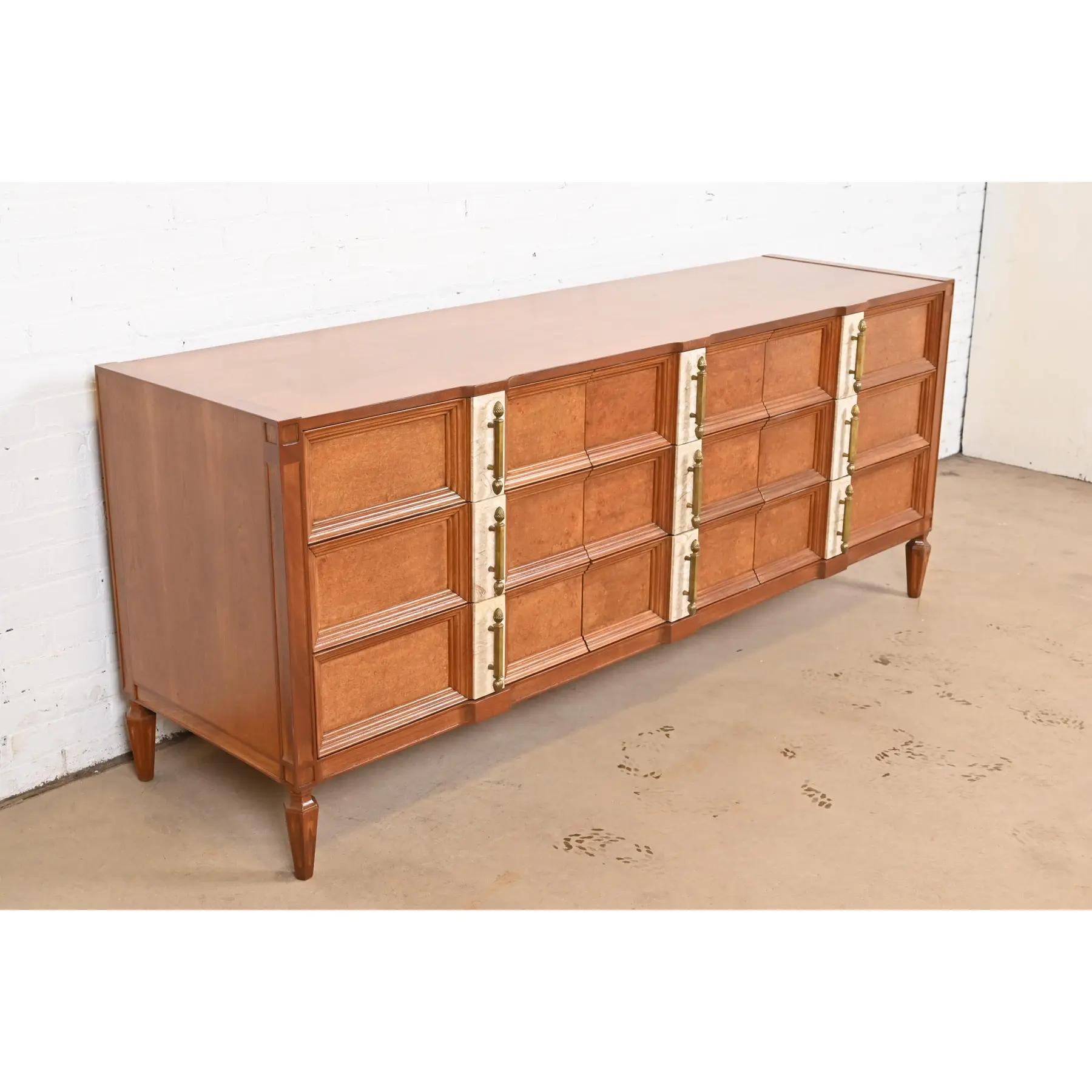Romweber Mid-Century Hollywood Regency Burl Wood Dresser, Newly Refinished In Good Condition For Sale In South Bend, IN