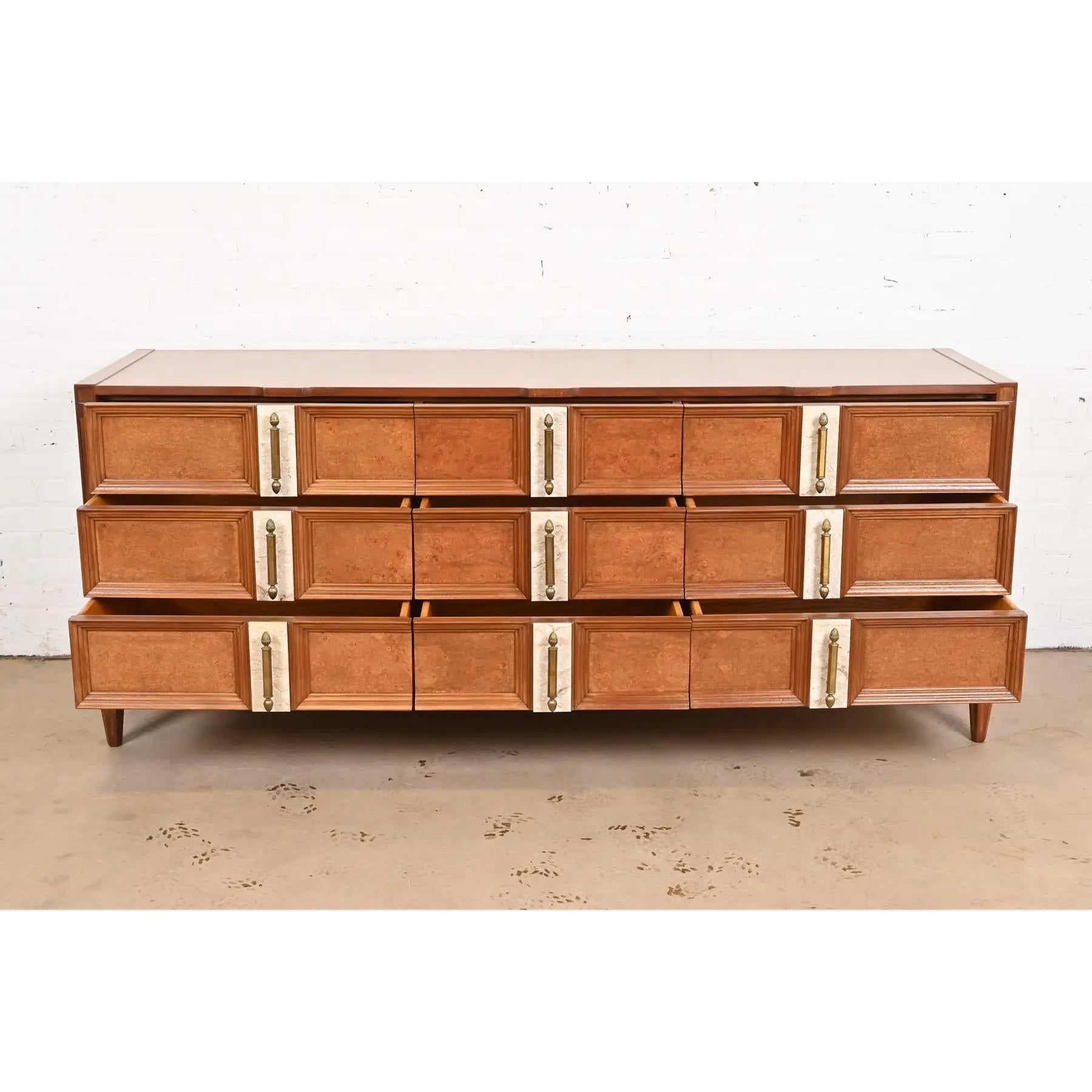 Mid-20th Century Romweber Mid-Century Hollywood Regency Burl Wood Dresser, Newly Refinished For Sale