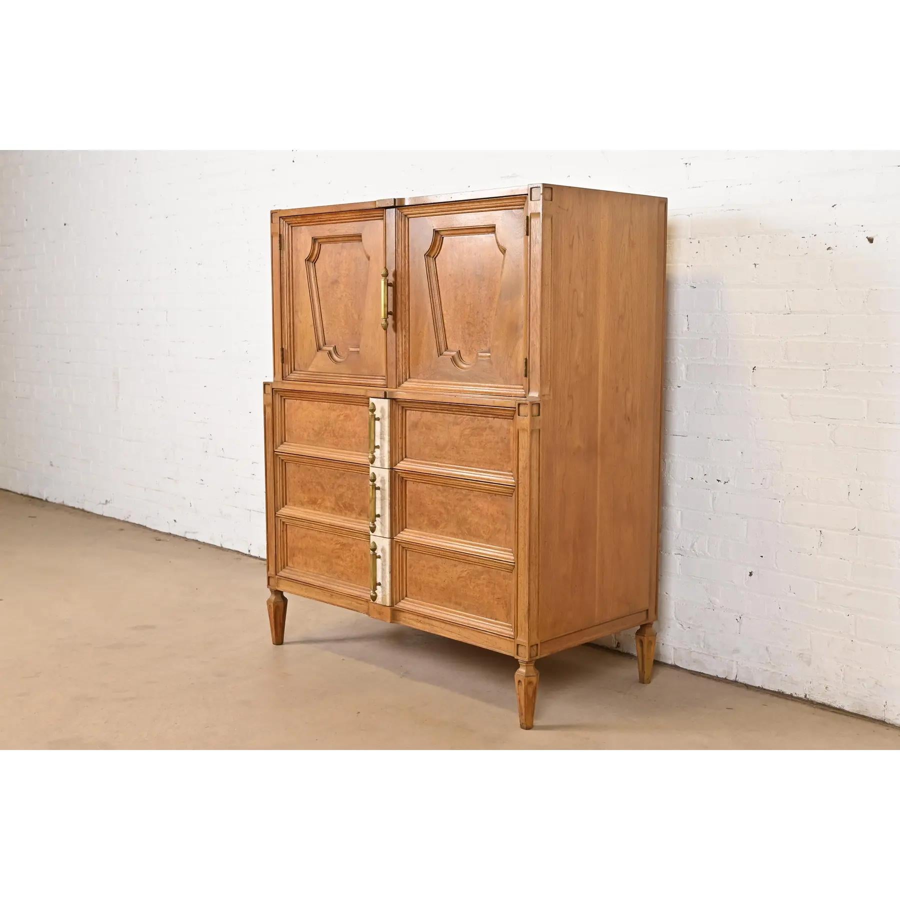 American Romweber Mid-Century Hollywood Regency Burl Wood Gentleman's Chest, Circa 1960s For Sale