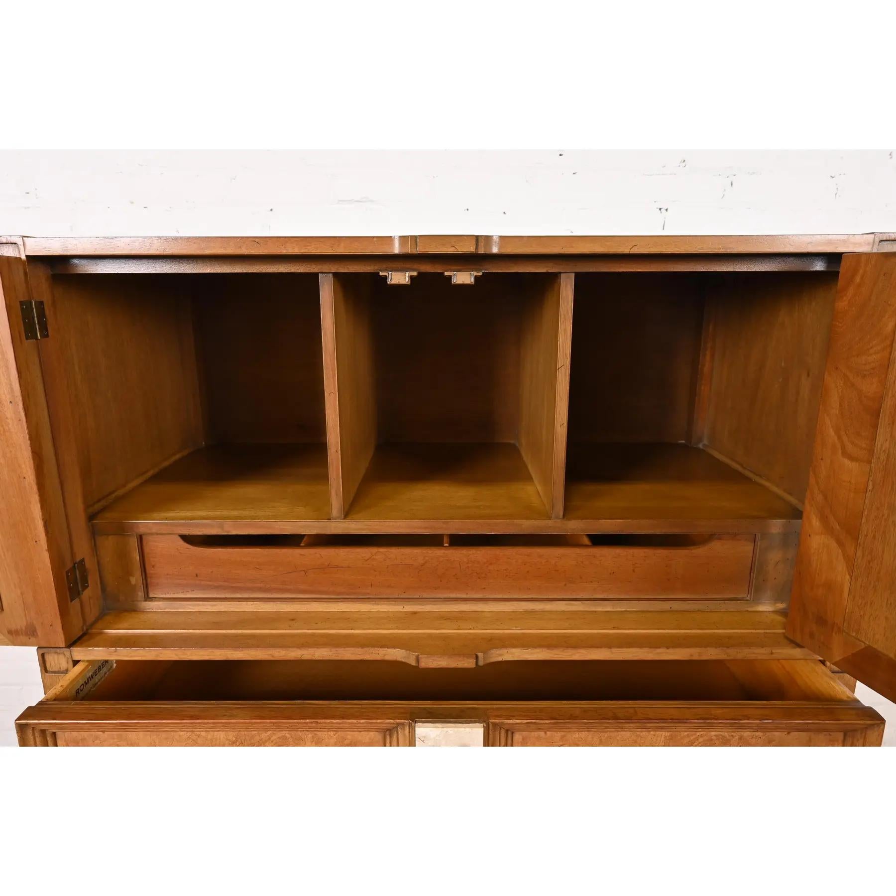 Brass Romweber Mid-Century Hollywood Regency Burl Wood Gentleman's Chest, Circa 1960s For Sale