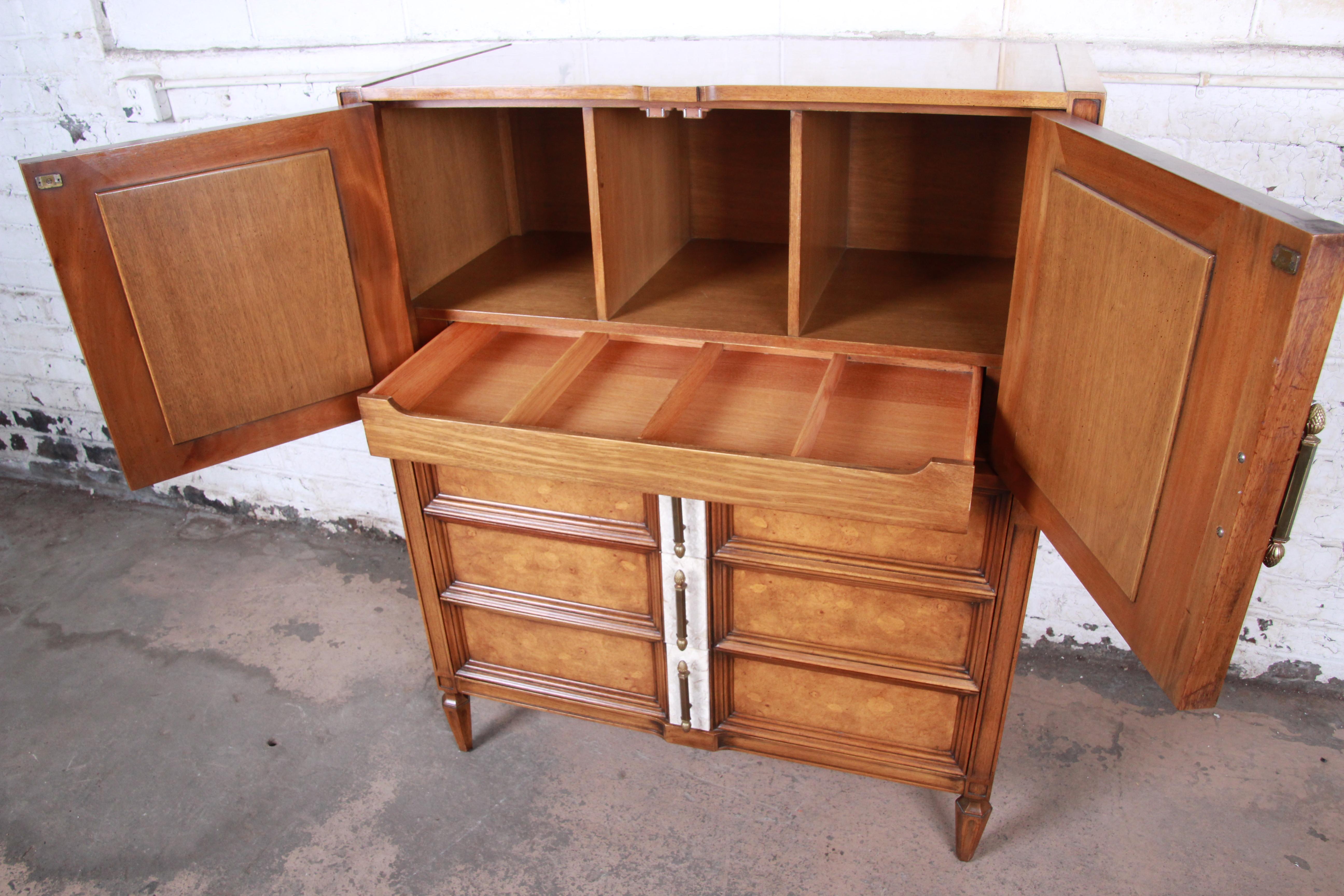 Romweber Midcentury Hollywood Regency Burl Wood Gentleman's Chest In Good Condition In South Bend, IN