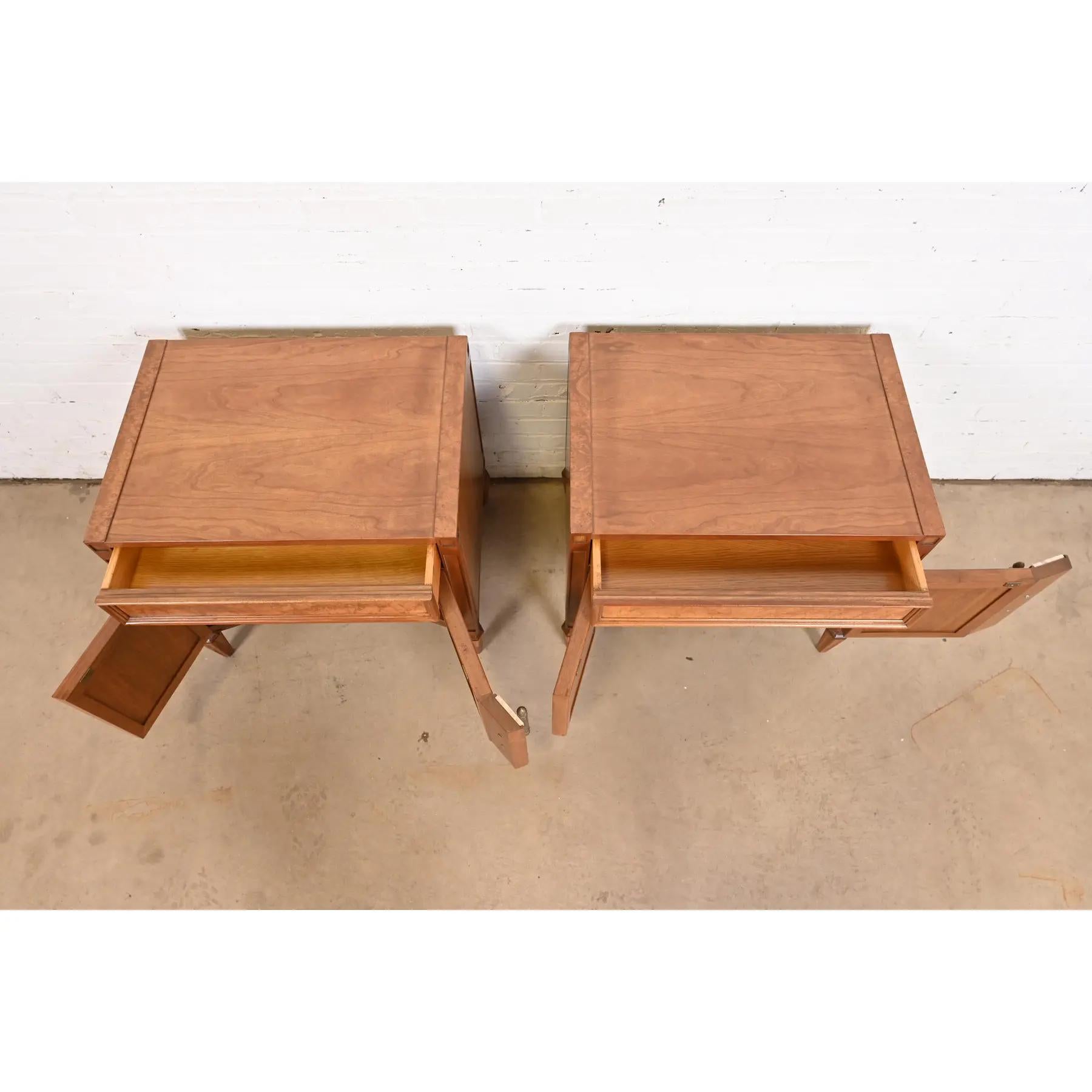 Romweber Mid-Century Hollywood Regency Burl Wood Nightstands, Newly Refinished For Sale 3