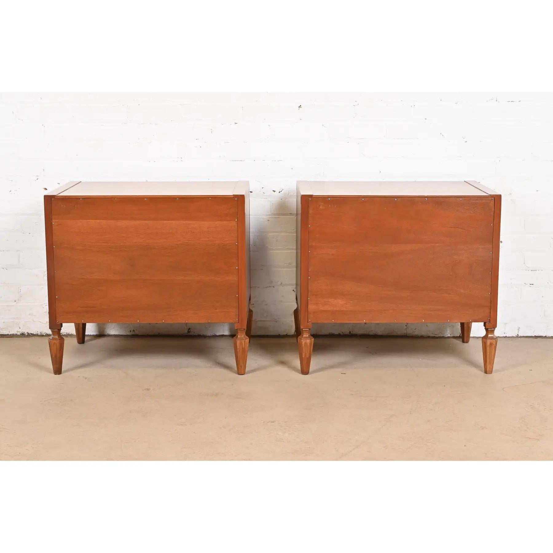 Romweber Mid-Century Hollywood Regency Burl Wood Nightstands, Newly Refinished For Sale 5