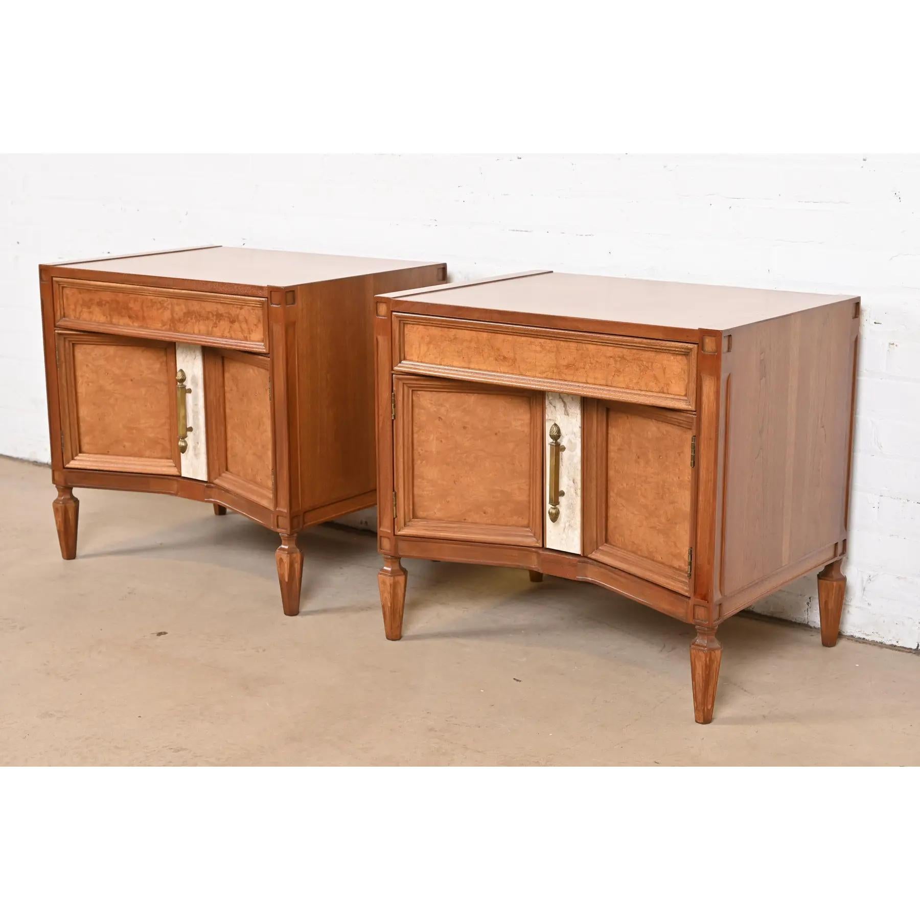 American Romweber Mid-Century Hollywood Regency Burl Wood Nightstands, Newly Refinished For Sale