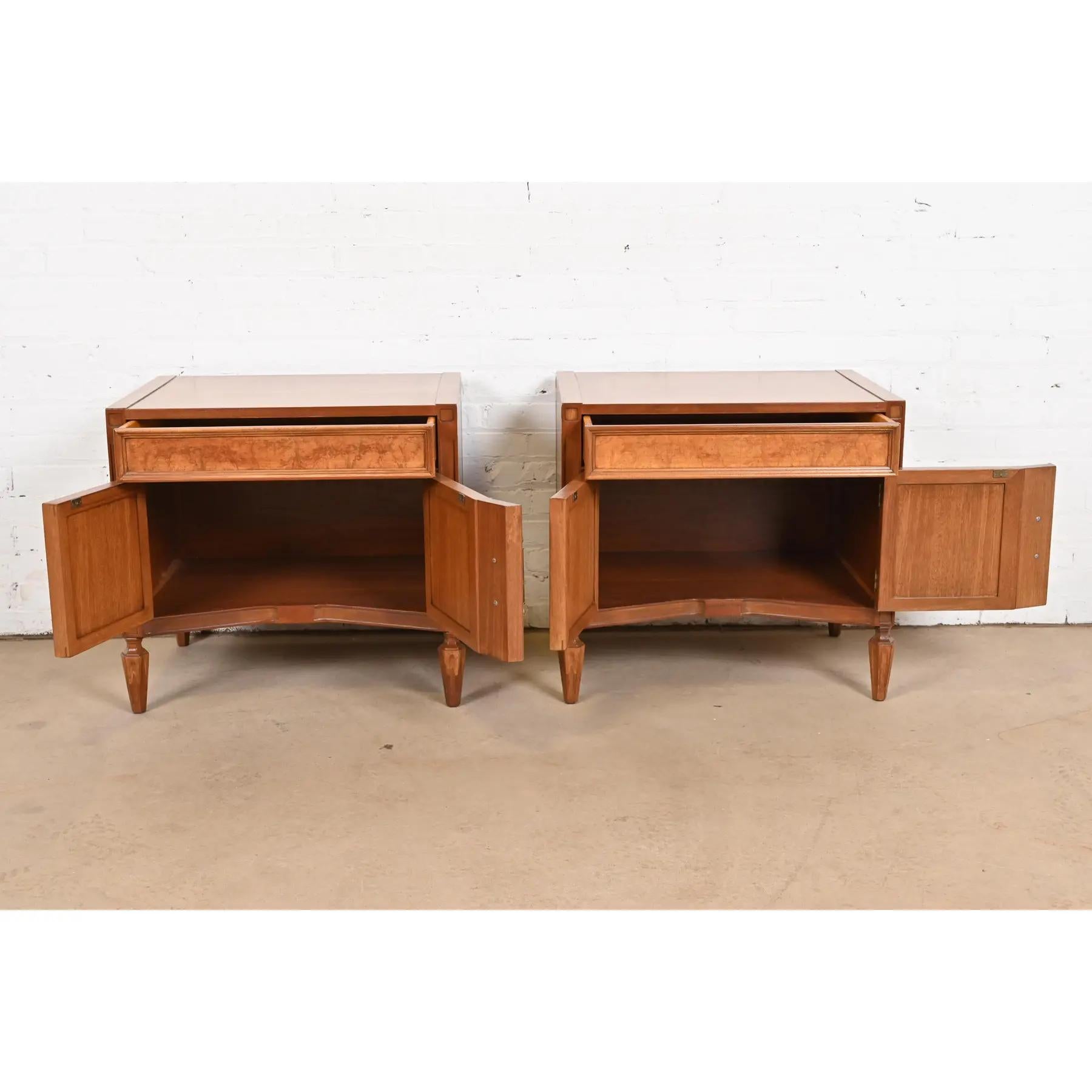 Mid-20th Century Romweber Mid-Century Hollywood Regency Burl Wood Nightstands, Newly Refinished For Sale