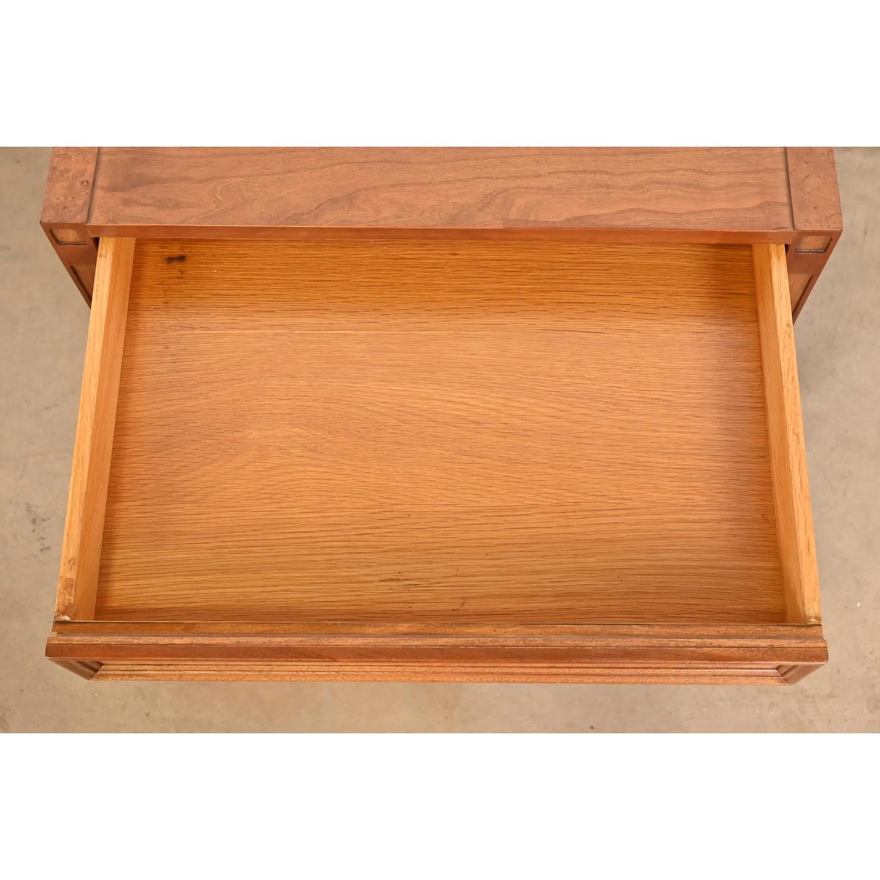 Brass Romweber Mid-Century Hollywood Regency Burl Wood Nightstands, Newly Refinished For Sale