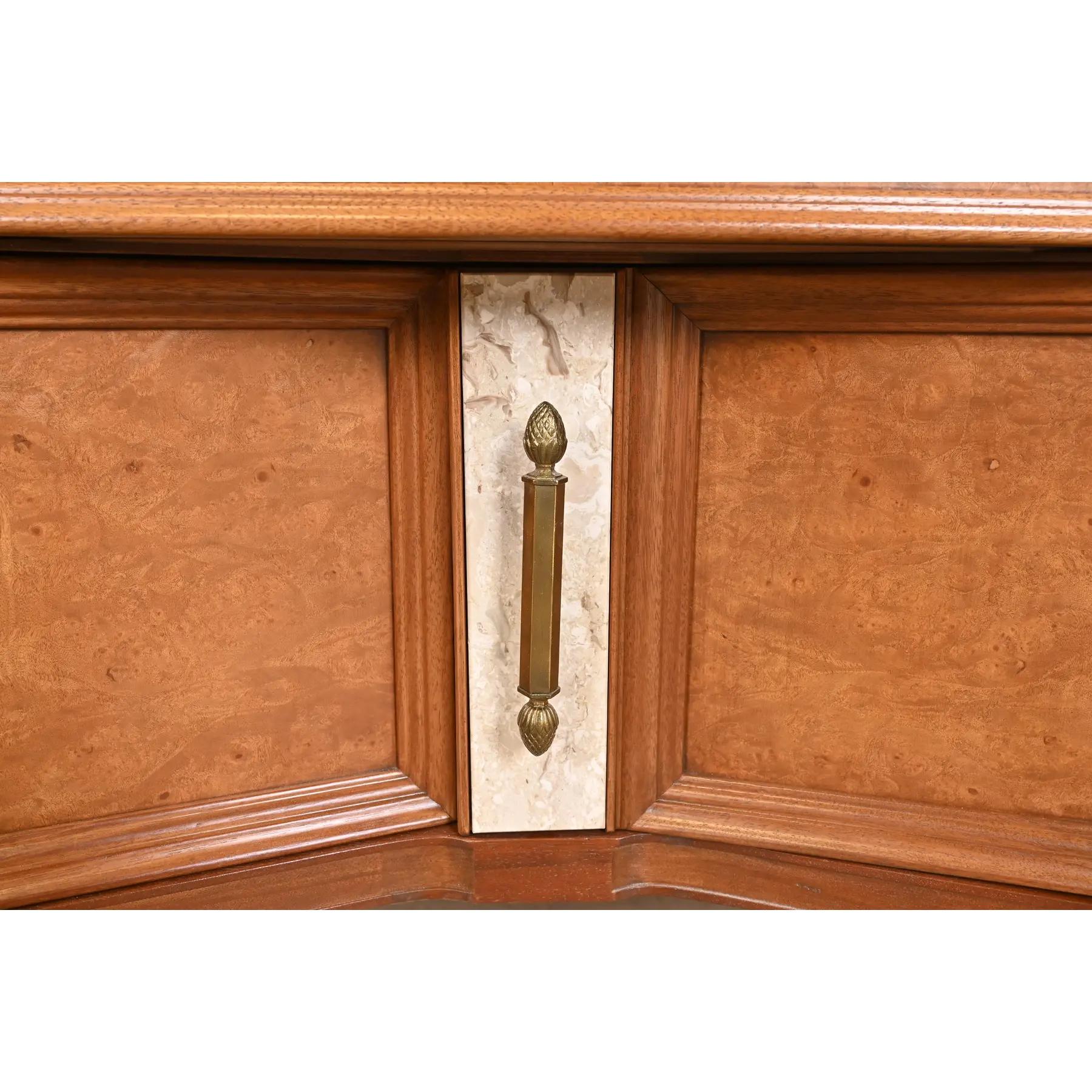 Romweber Mid-Century Hollywood Regency Burl Wood Nightstands, Newly Refinished For Sale 2