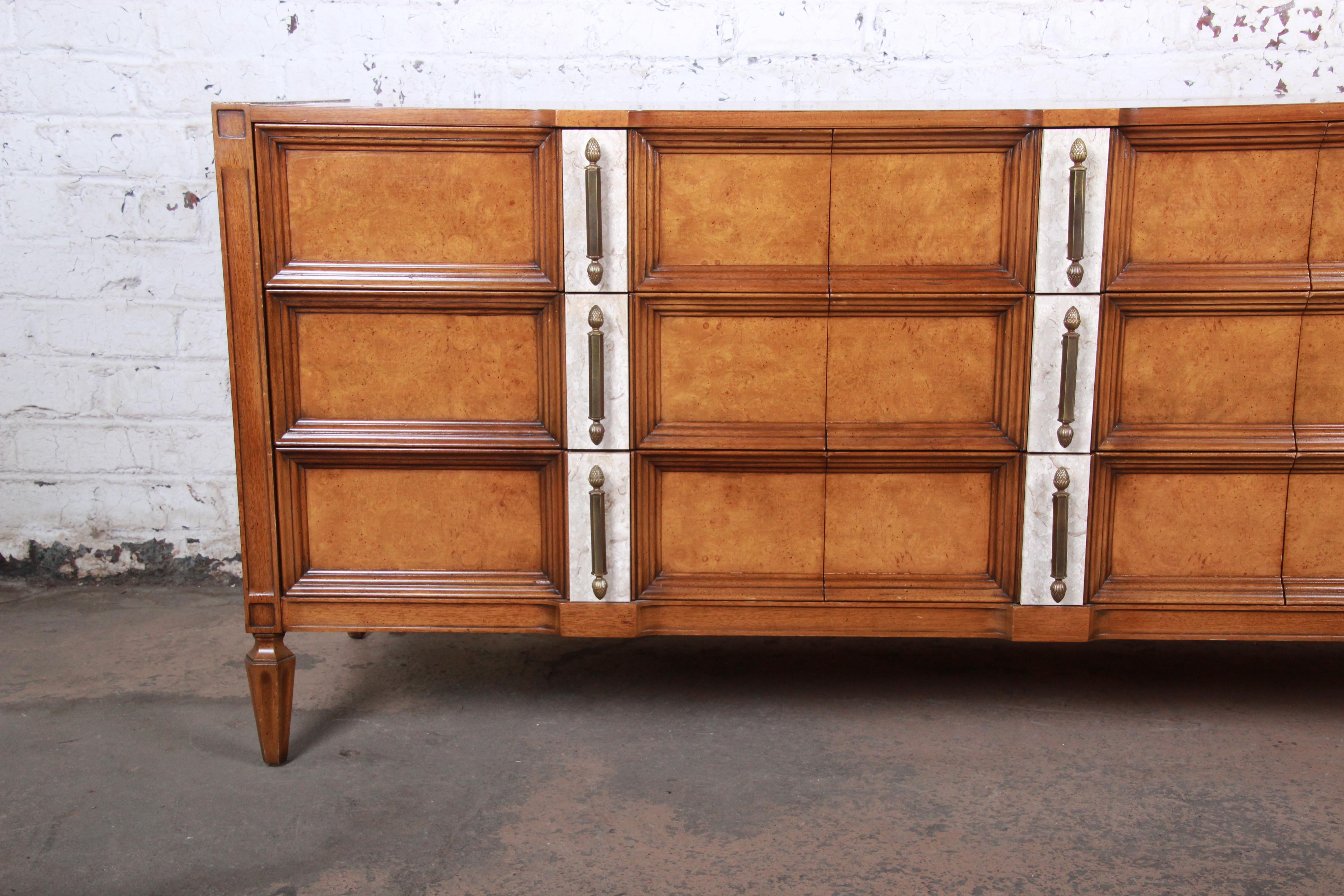 Romweber Midcentury Hollywood Regency Burl Wood Triple Dresser or Credenza In Good Condition In South Bend, IN
