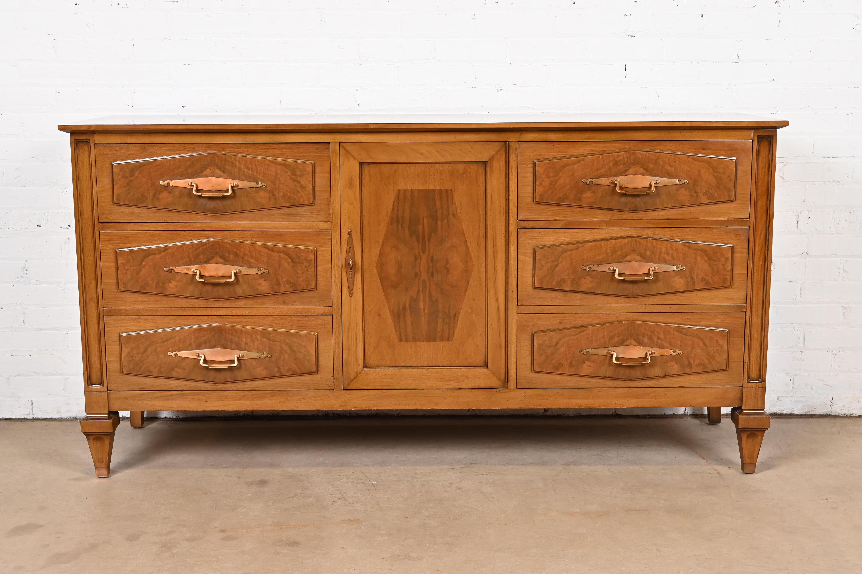 American Romweber Mid-Century Hollywood Regency Walnut and Burl Wood Dresser or Credenza For Sale