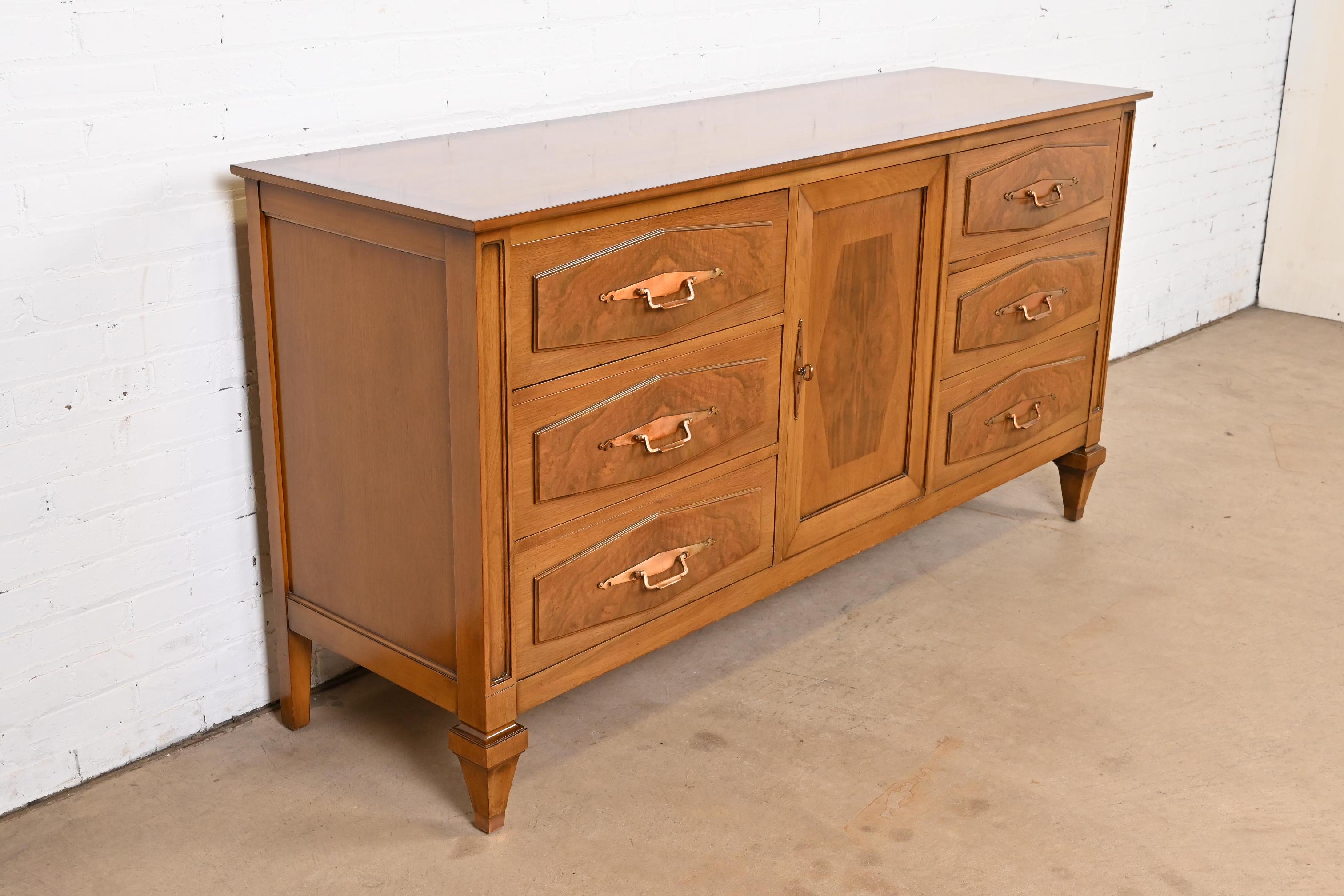 Mid-20th Century Romweber Mid-Century Hollywood Regency Walnut and Burl Wood Dresser or Credenza For Sale