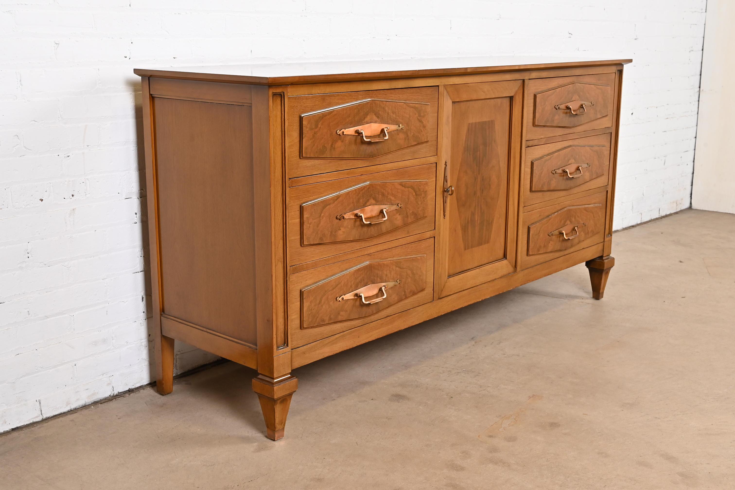 Brass Romweber Mid-Century Hollywood Regency Walnut and Burl Wood Dresser or Credenza For Sale