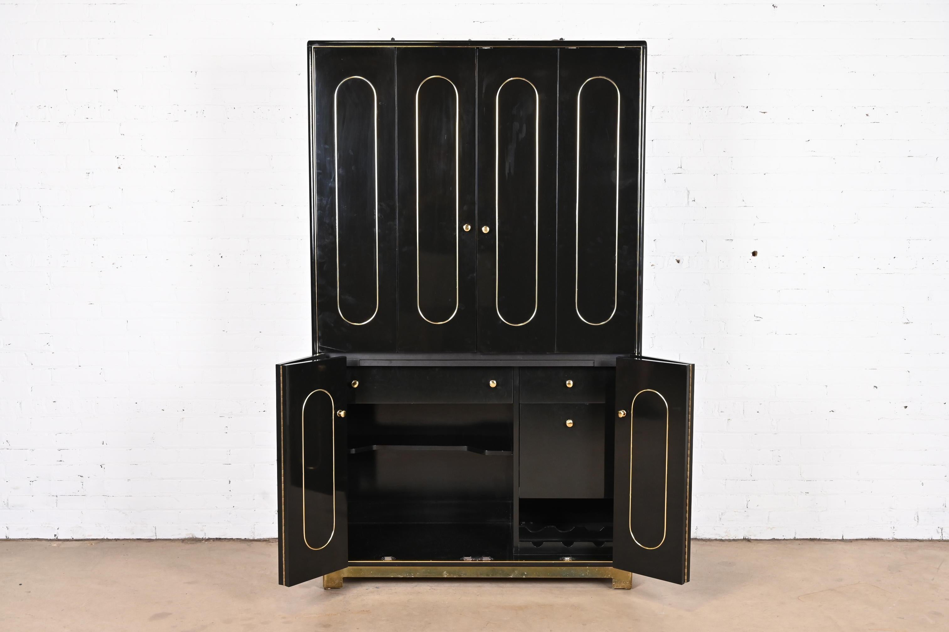 Romweber Mid-Century Modern Black Lacquer and Brass Lighted Bar Cabinet, 1970s 7