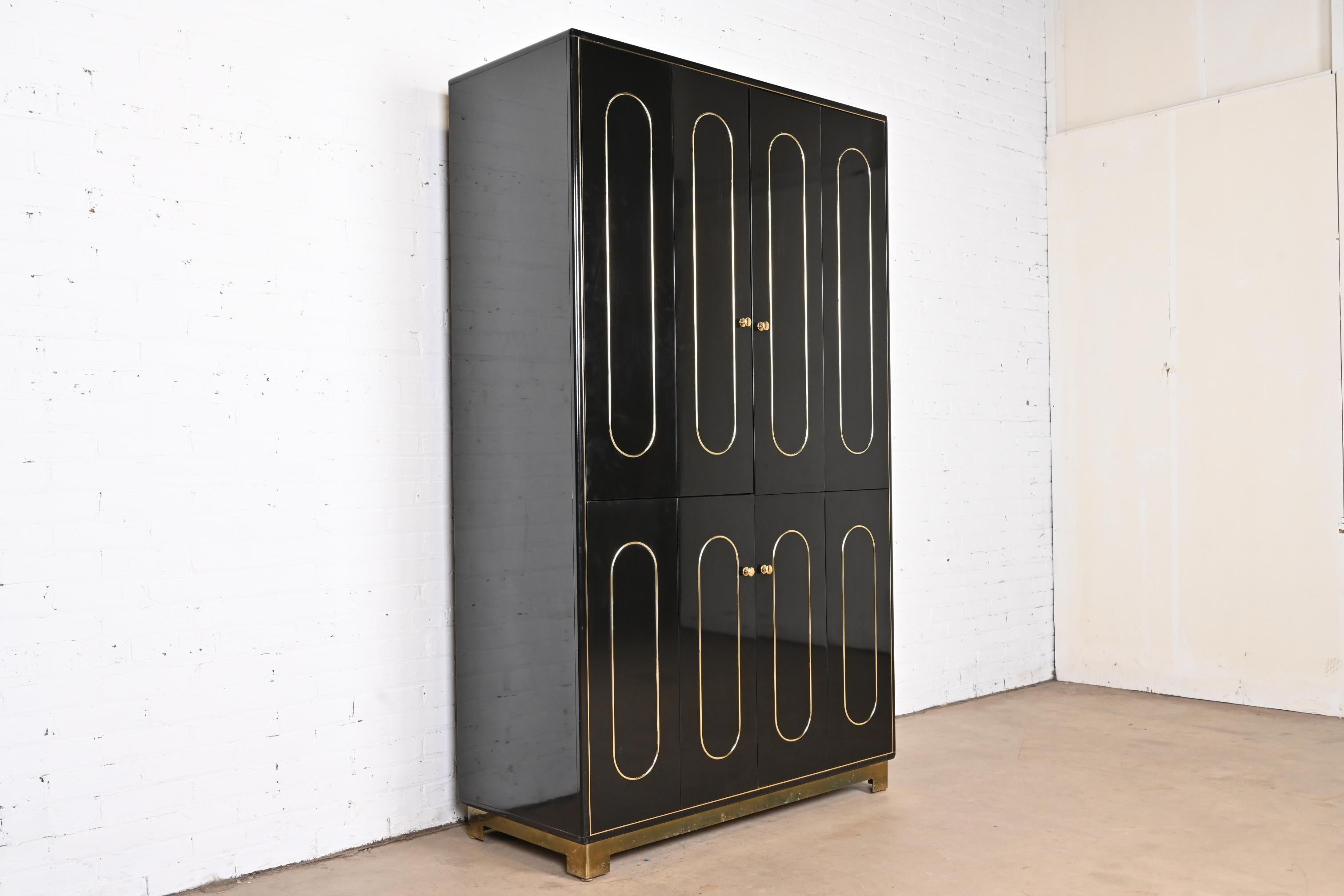 American Romweber Mid-Century Modern Black Lacquer and Brass Lighted Bar Cabinet, 1970s