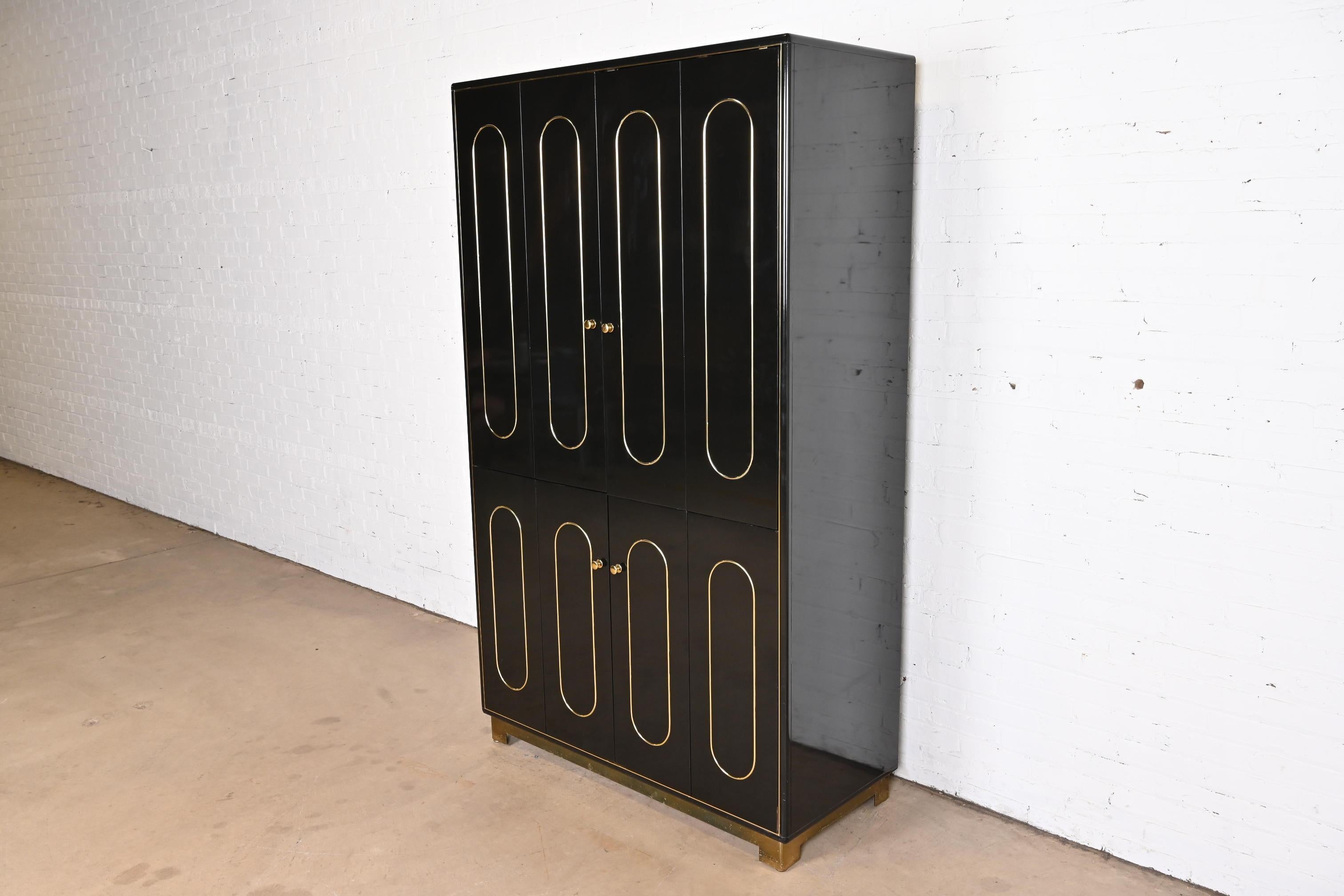 Late 20th Century Romweber Mid-Century Modern Black Lacquer and Brass Lighted Bar Cabinet, 1970s