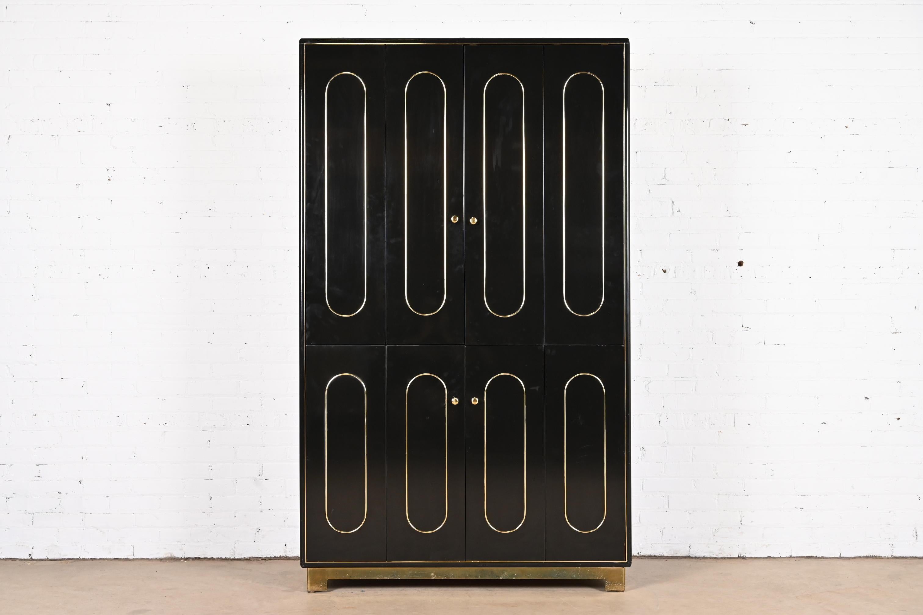Romweber Mid-Century Modern Black Lacquer and Brass Lighted Bar Cabinet, 1970s 1