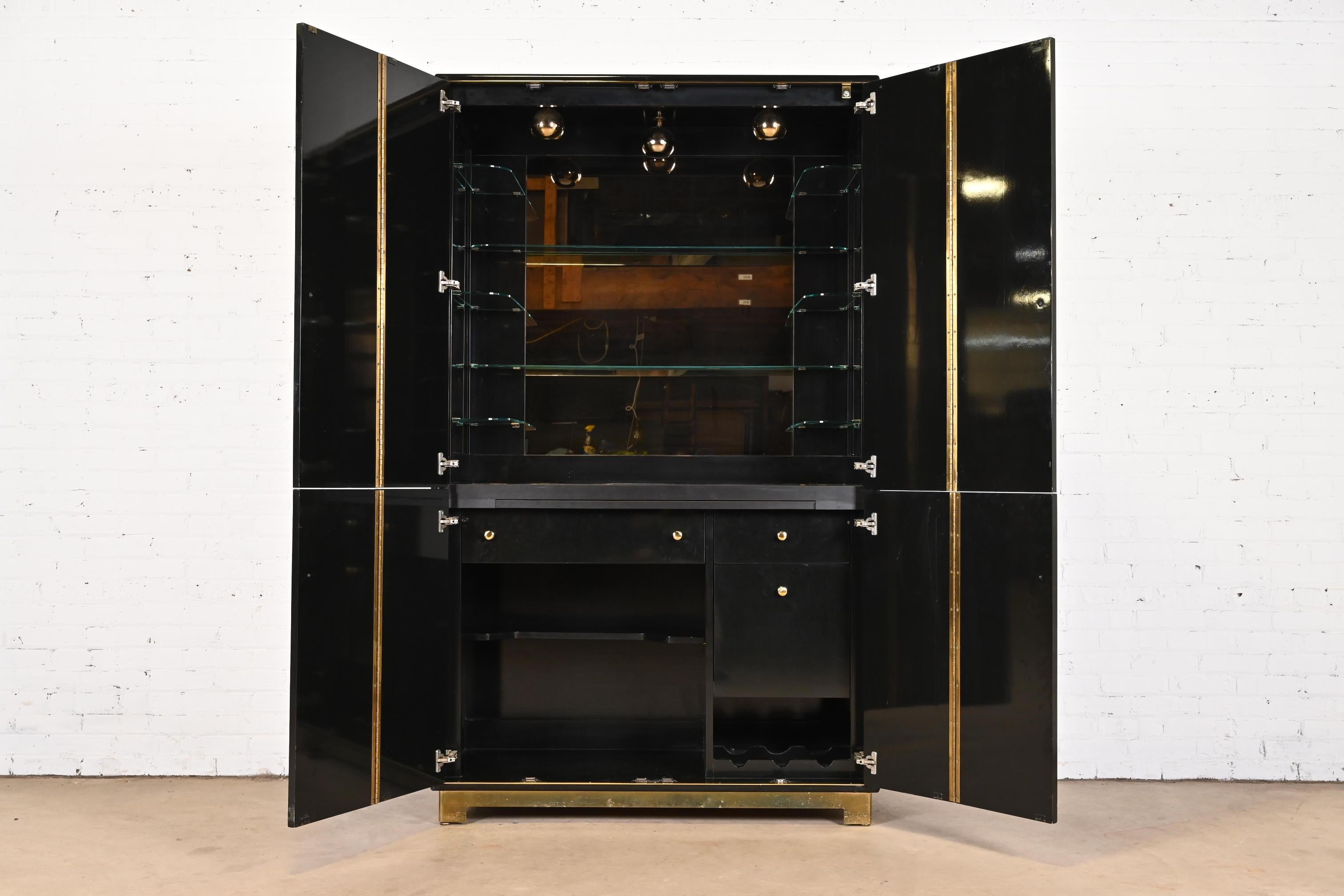 Romweber Mid-Century Modern Black Lacquer and Brass Lighted Bar Cabinet, 1970s 2
