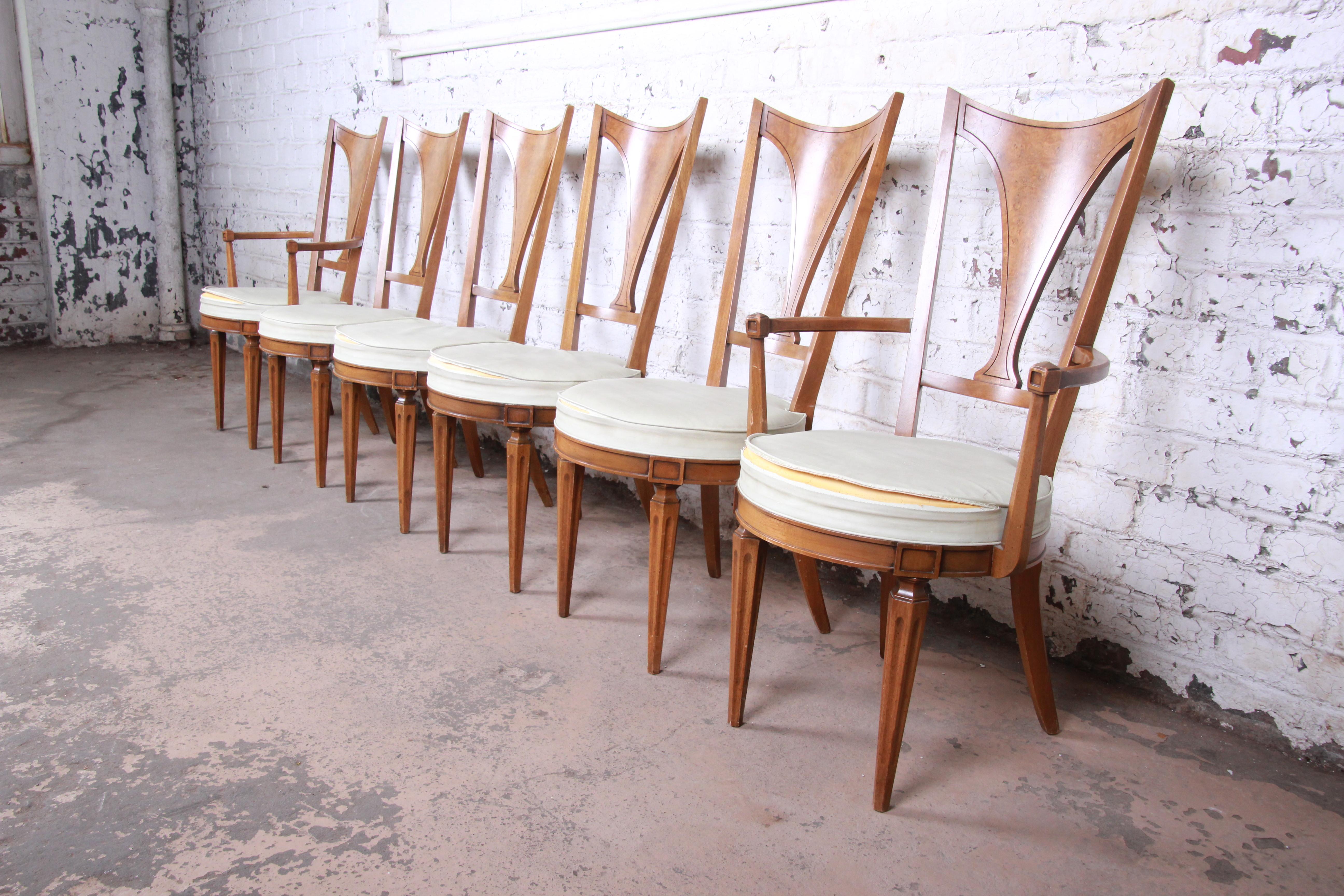 American Romweber Mid-Century Modern Cherry and Burl Wood Dining Chairs, Set of Six