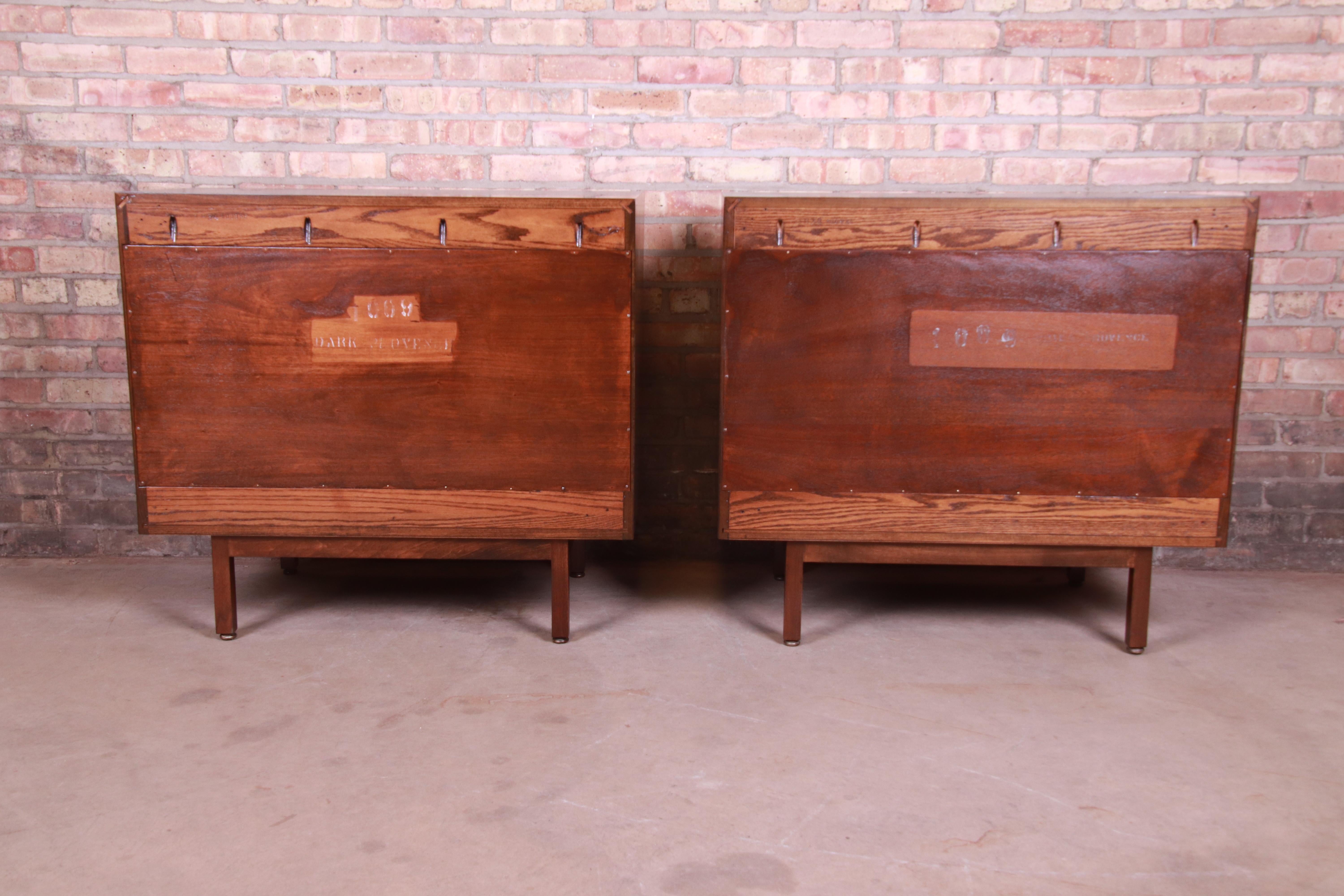 Romweber Mid-Century Modern Walnut and Burl Bedside Chests, Newly Refinished 8