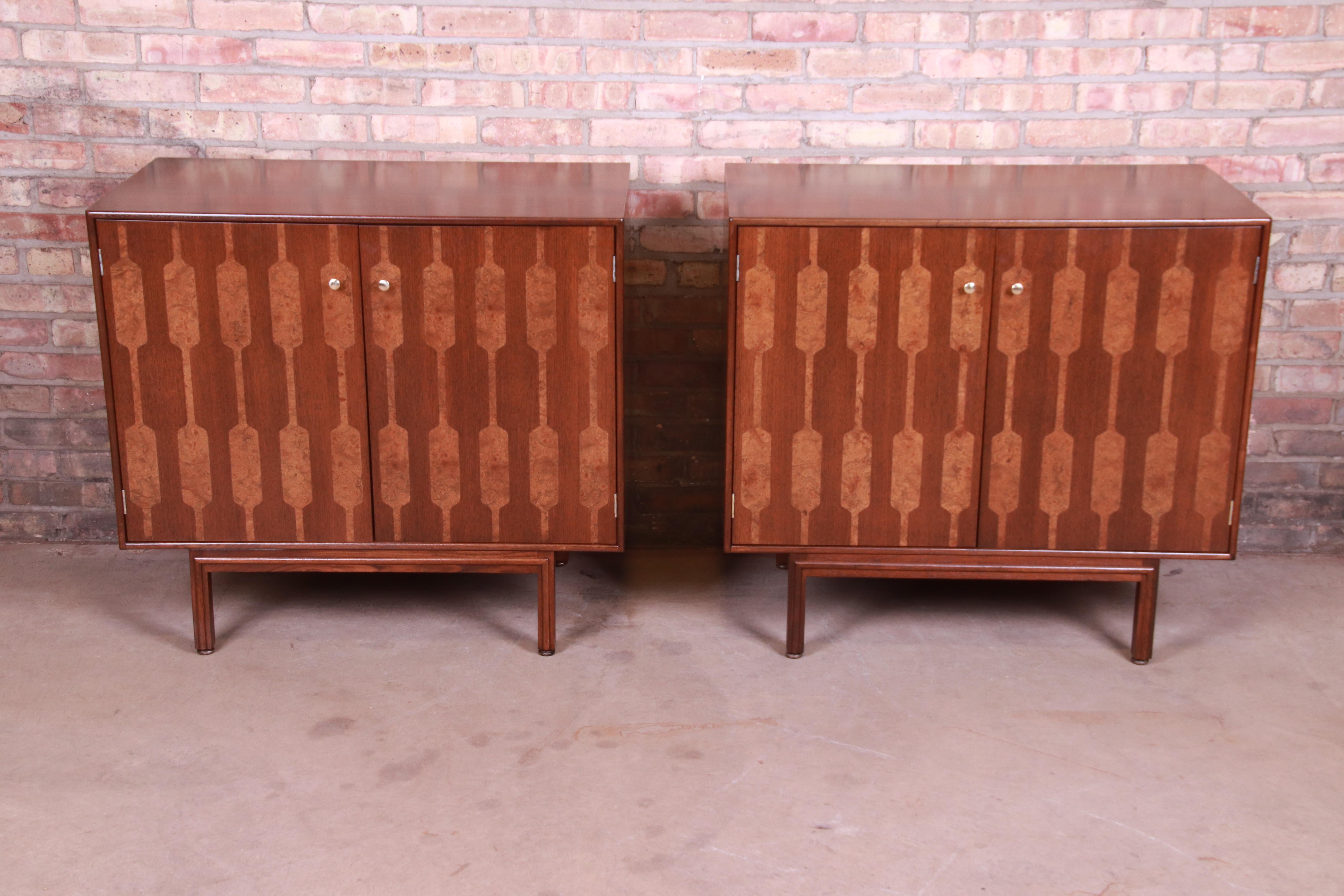 American Romweber Mid-Century Modern Walnut and Burl Bedside Chests, Newly Refinished