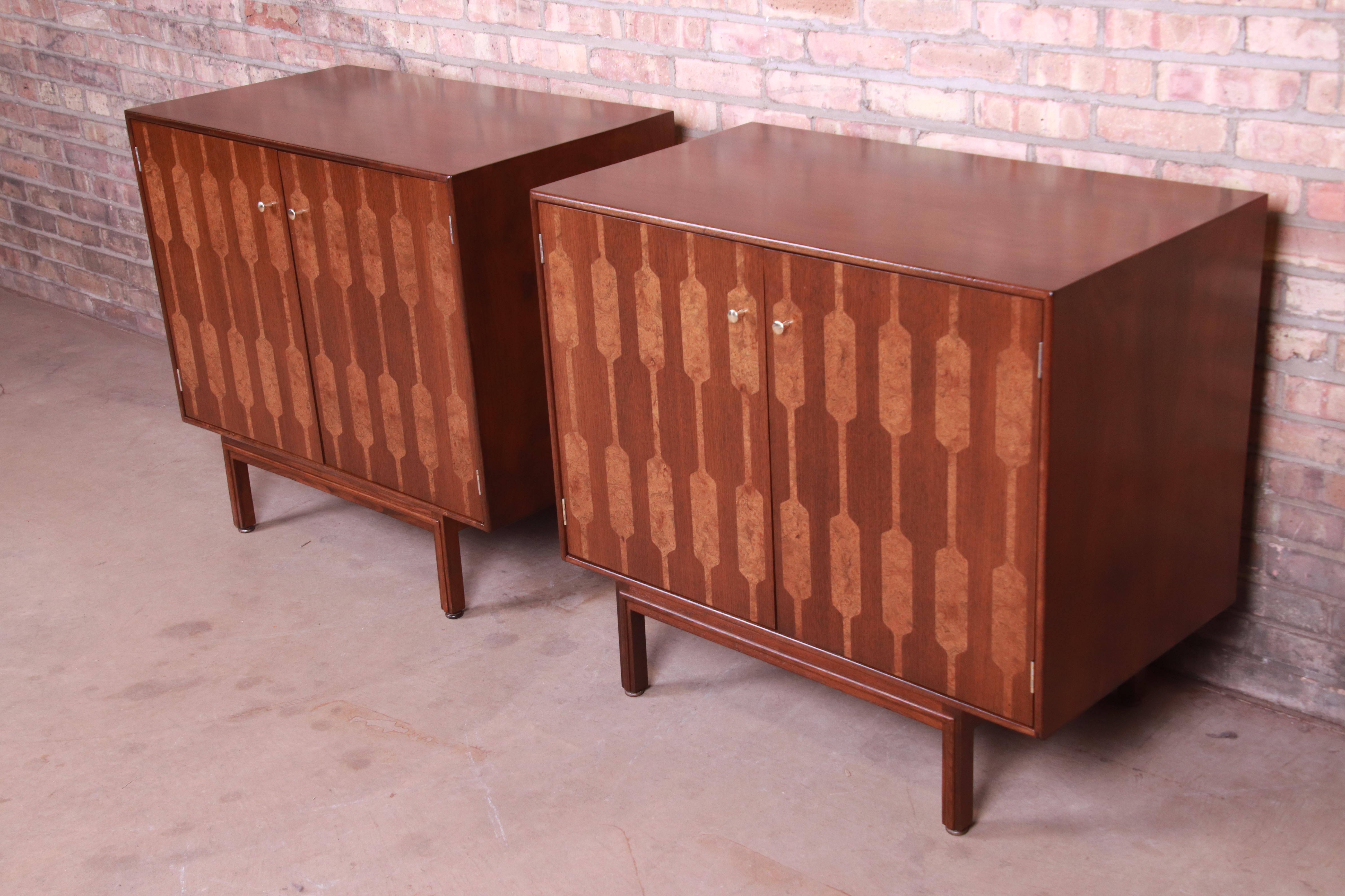 Romweber Mid-Century Modern Walnut and Burl Bedside Chests, Newly Refinished In Good Condition In South Bend, IN