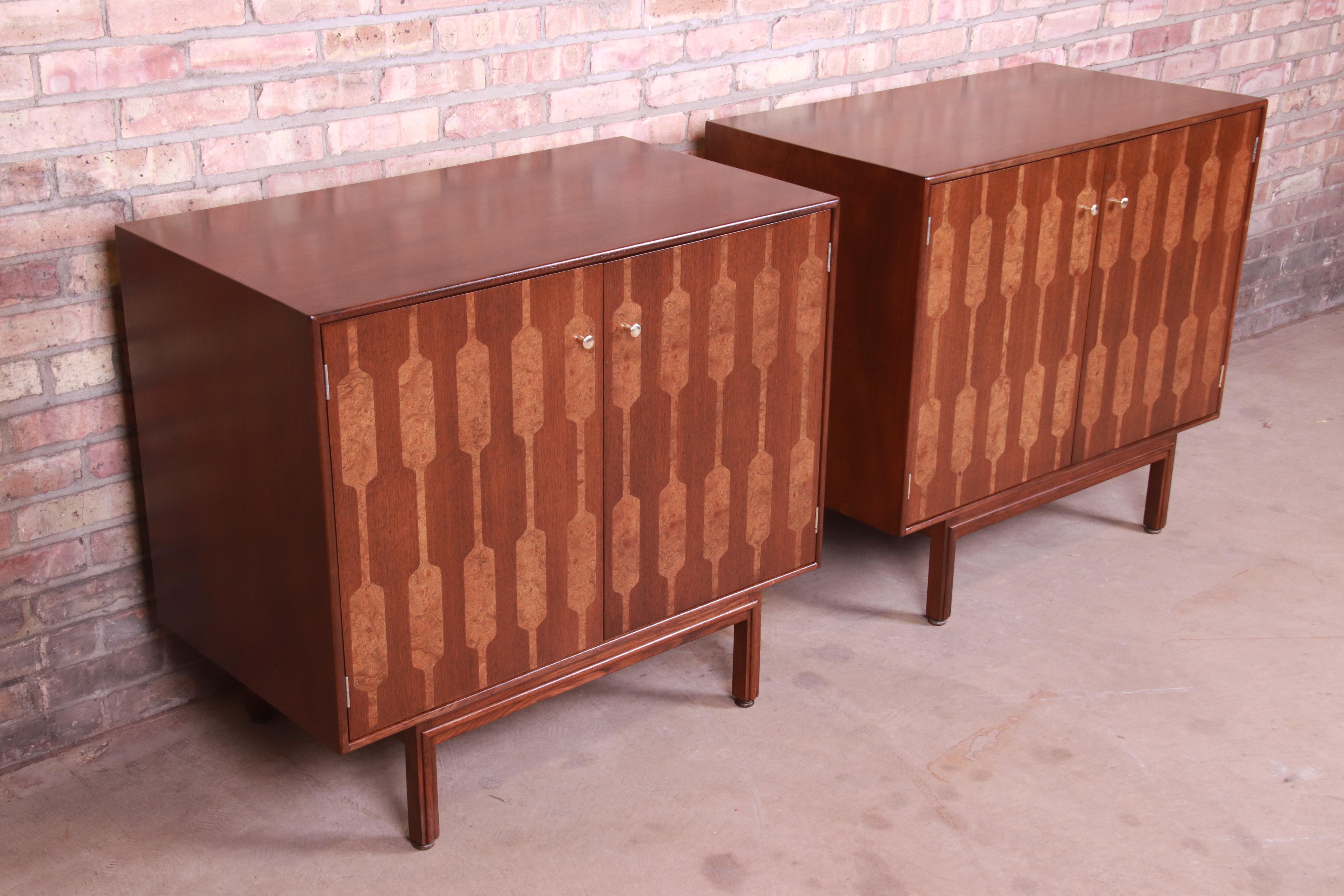 Mid-20th Century Romweber Mid-Century Modern Walnut and Burl Bedside Chests, Newly Refinished