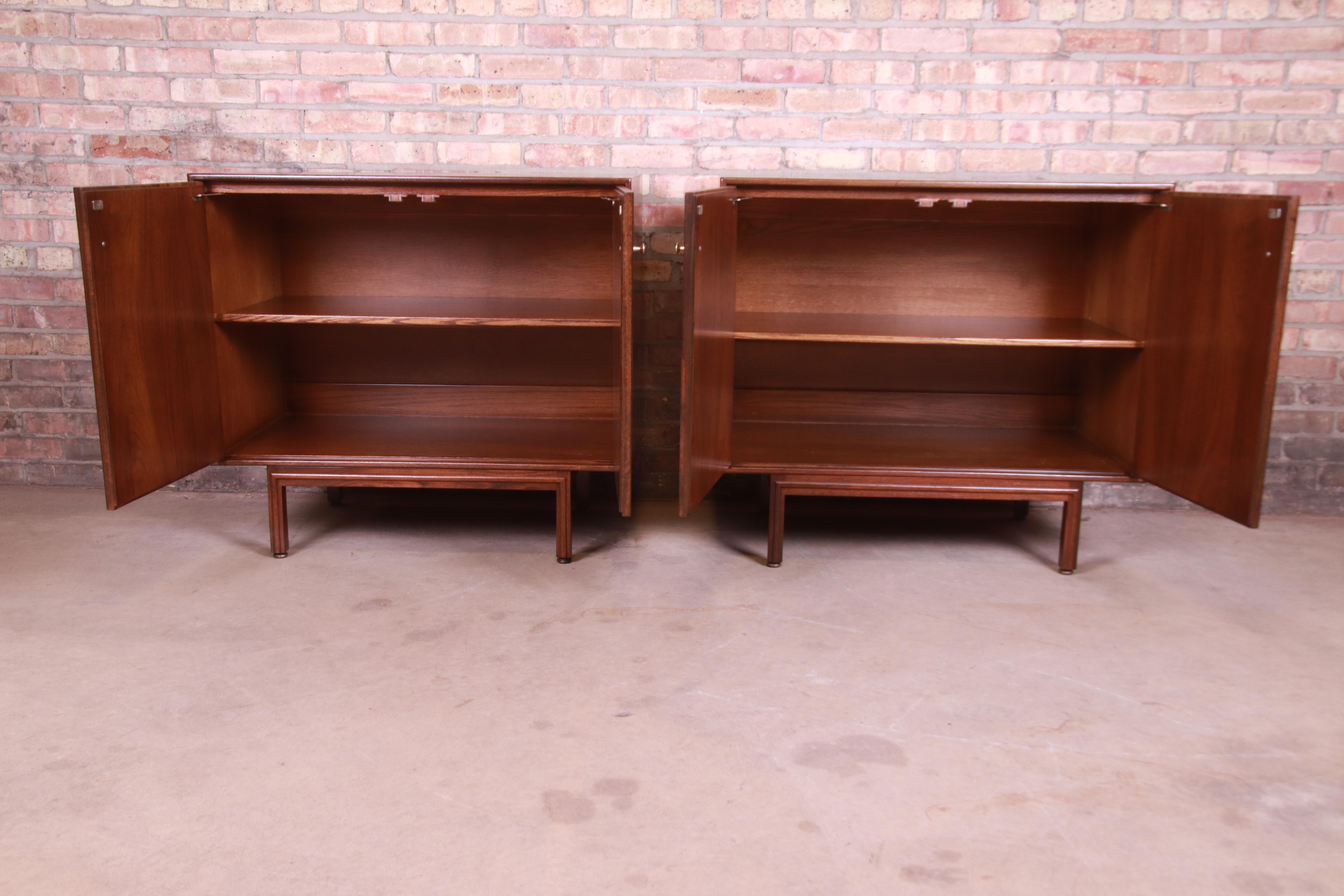 Romweber Mid-Century Modern Walnut and Burl Bedside Chests, Newly Refinished 1