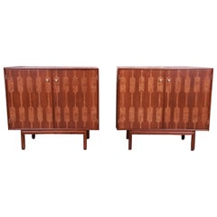 Romweber Mid-Century Modern Walnut and Burl Bedside Chests, Newly Refinished