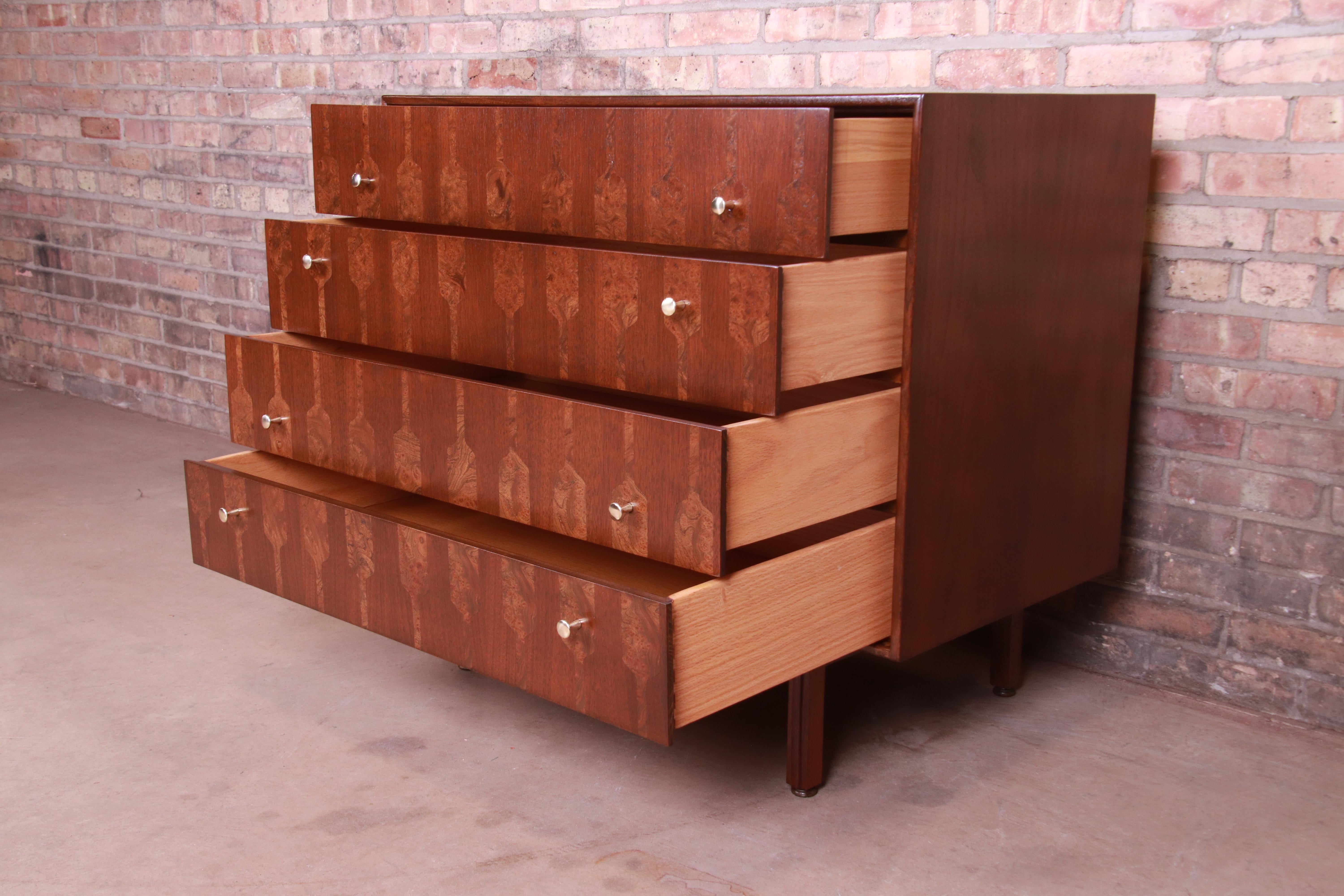 Romweber Mid-Century Modern Walnut and Burl Wood Chest of Drawers, Refinished 5
