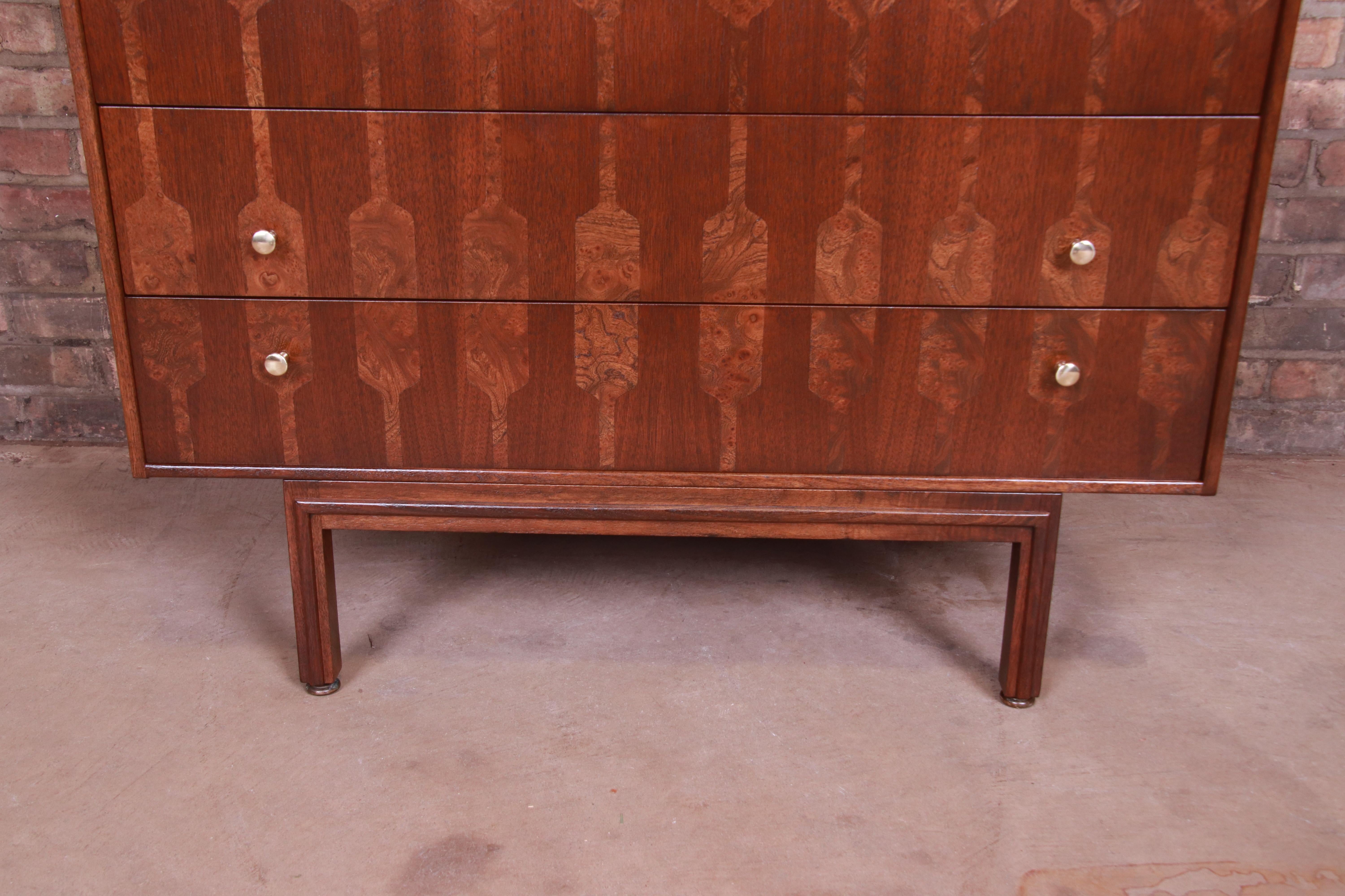 Romweber Mid-Century Modern Walnut and Burl Wood Chest of Drawers, Refinished 8