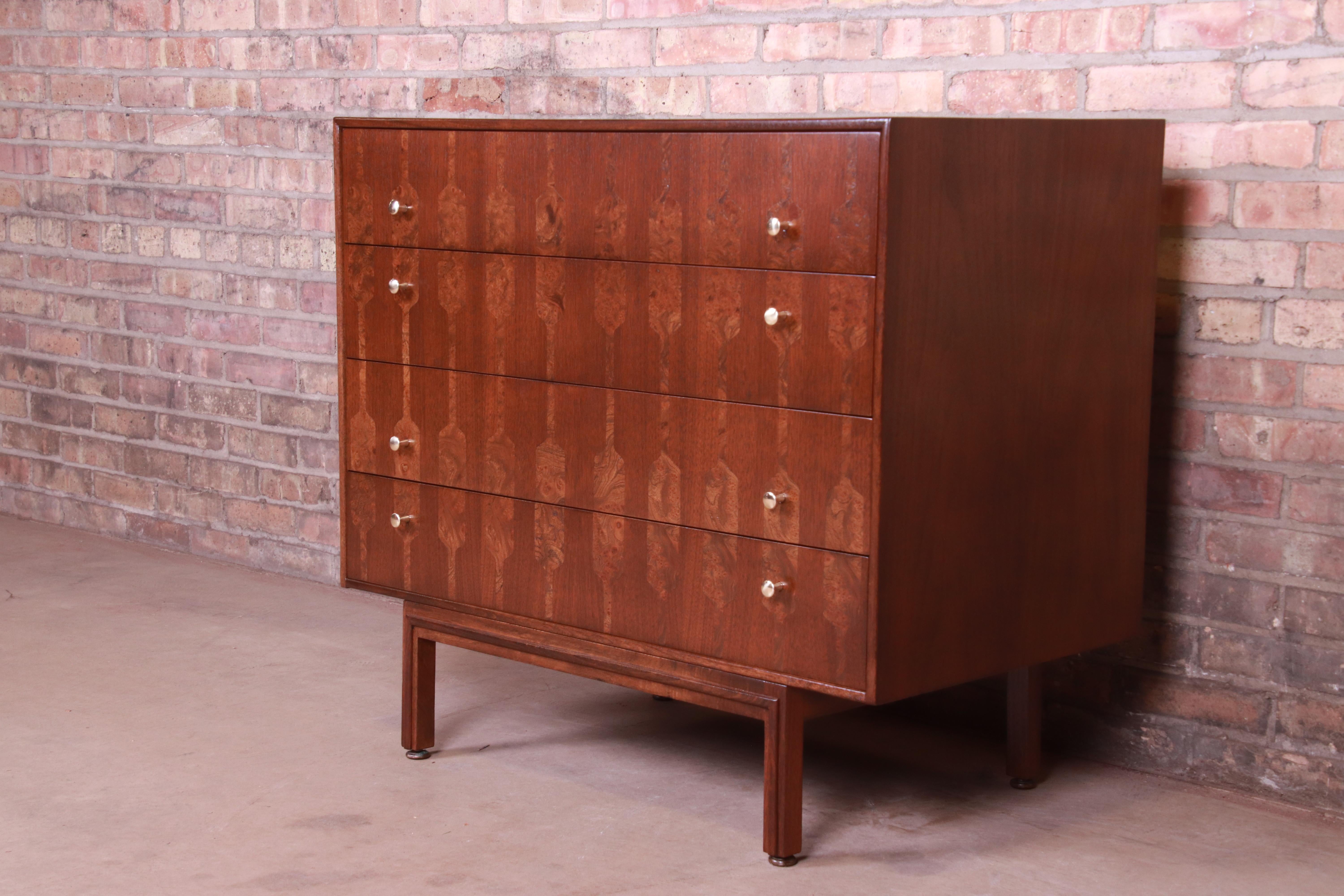 American Romweber Mid-Century Modern Walnut and Burl Wood Chest of Drawers, Refinished