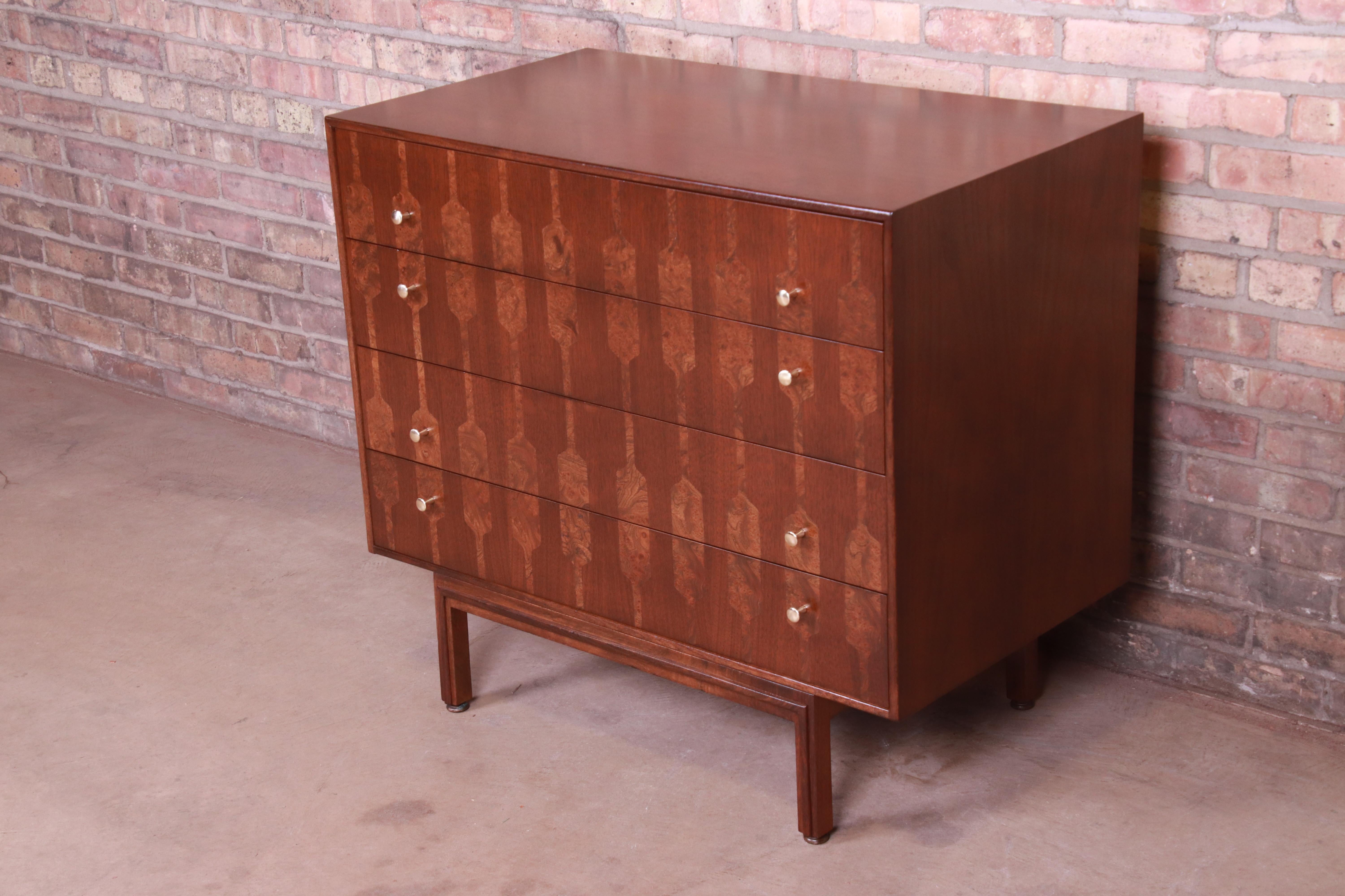 Romweber Mid-Century Modern Walnut and Burl Wood Chest of Drawers, Refinished In Good Condition In South Bend, IN