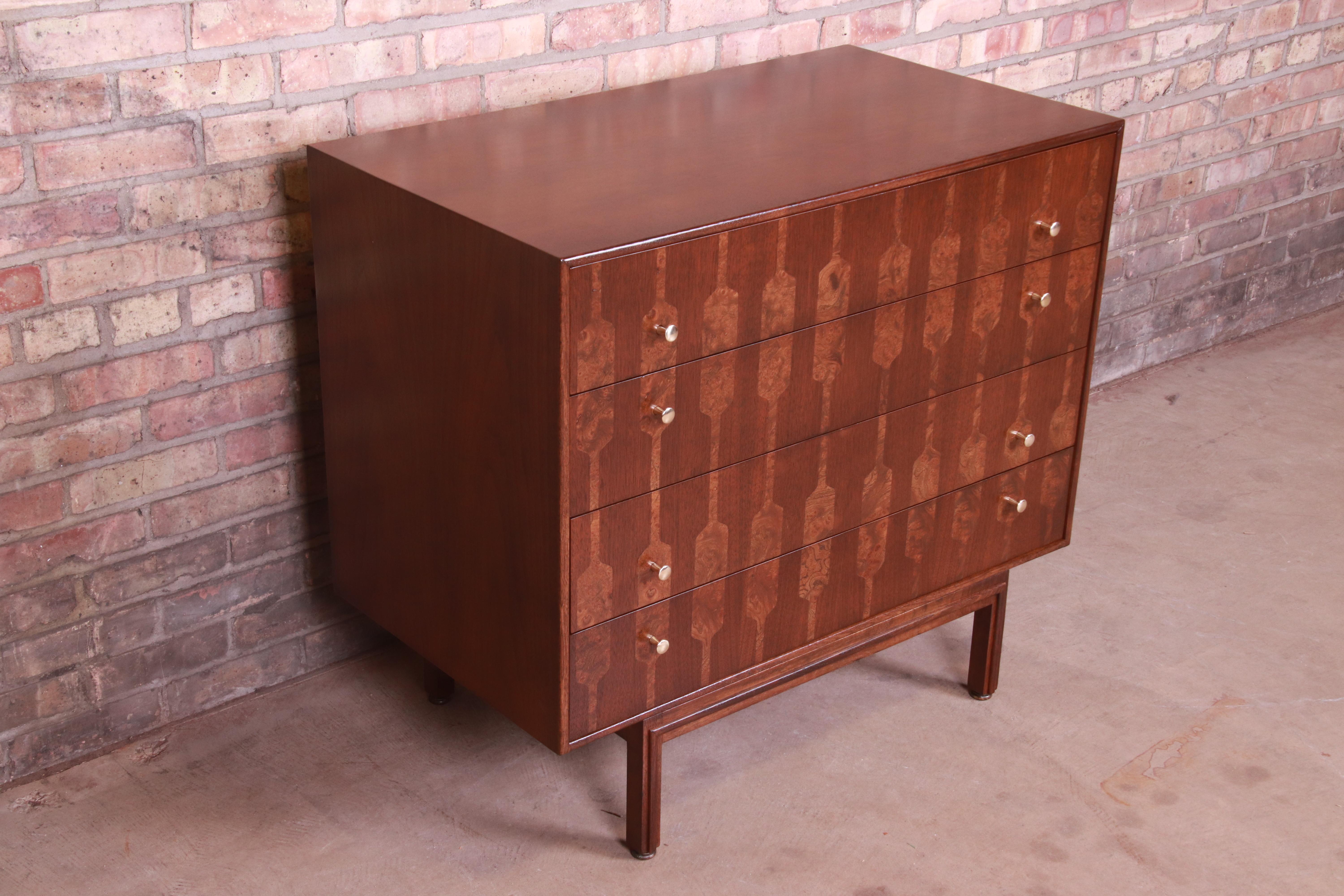 Mid-20th Century Romweber Mid-Century Modern Walnut and Burl Wood Chest of Drawers, Refinished