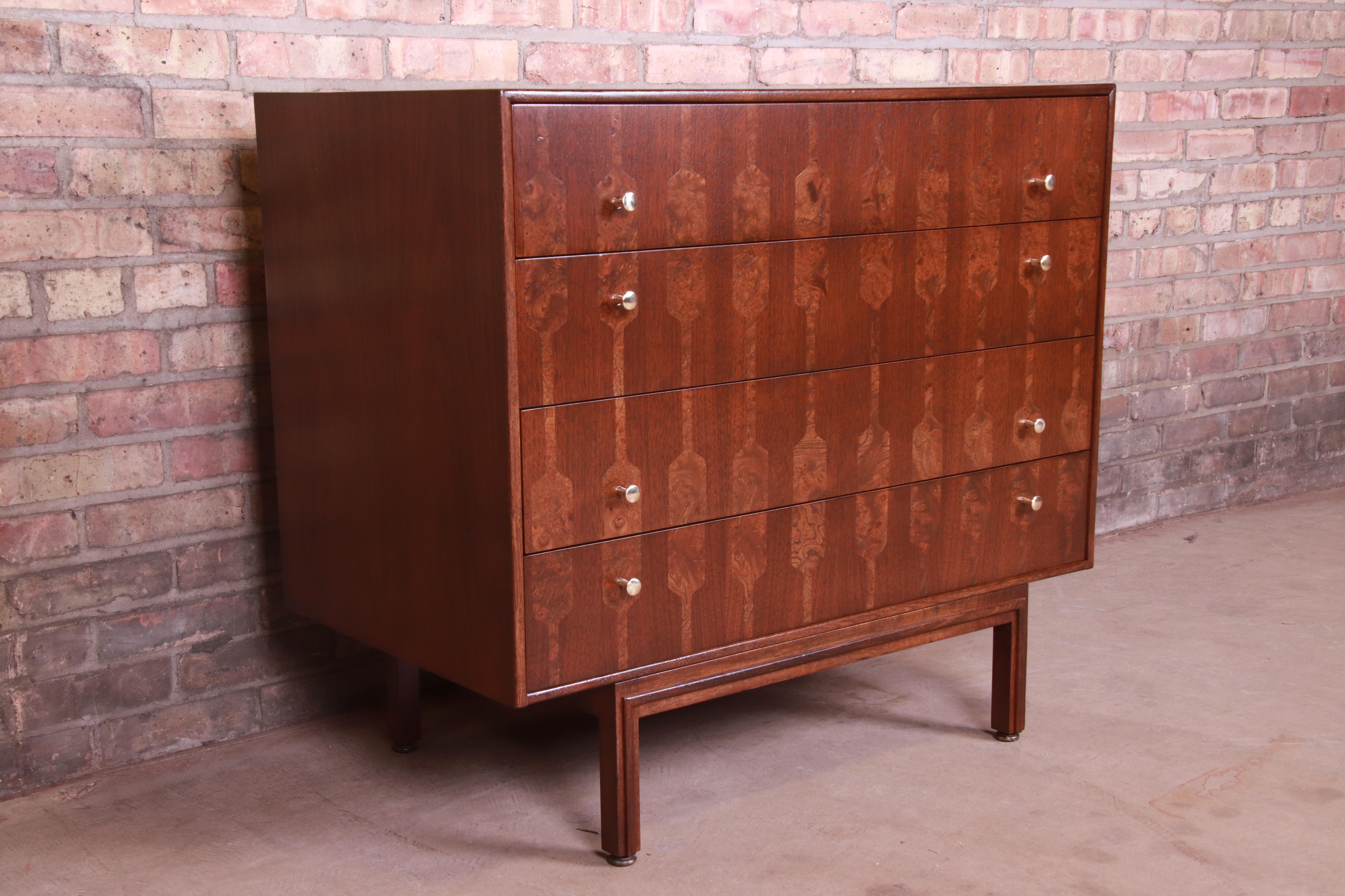 Brass Romweber Mid-Century Modern Walnut and Burl Wood Chest of Drawers, Refinished