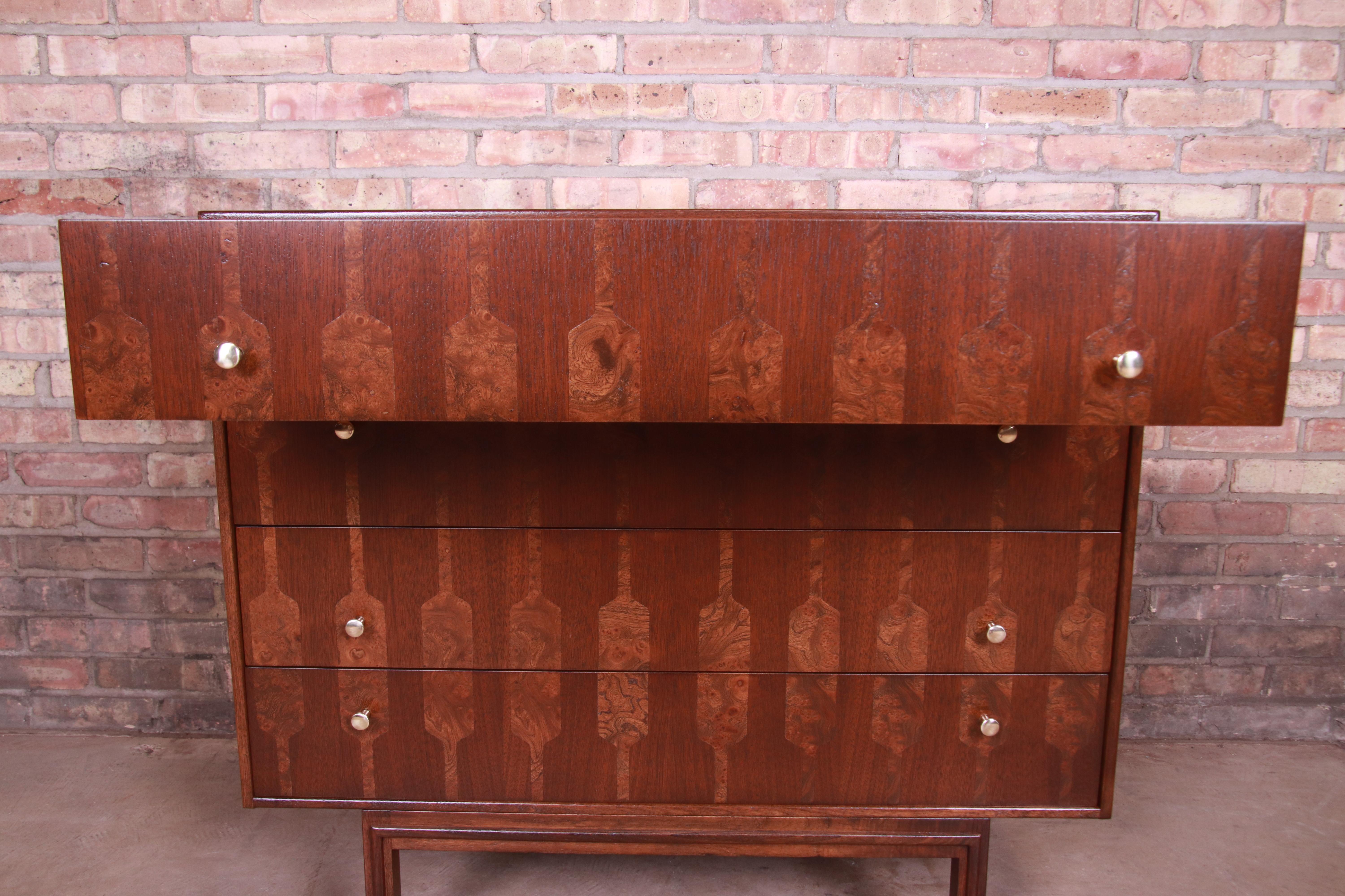 Romweber Mid-Century Modern Walnut and Burl Wood Chest of Drawers, Refinished 1