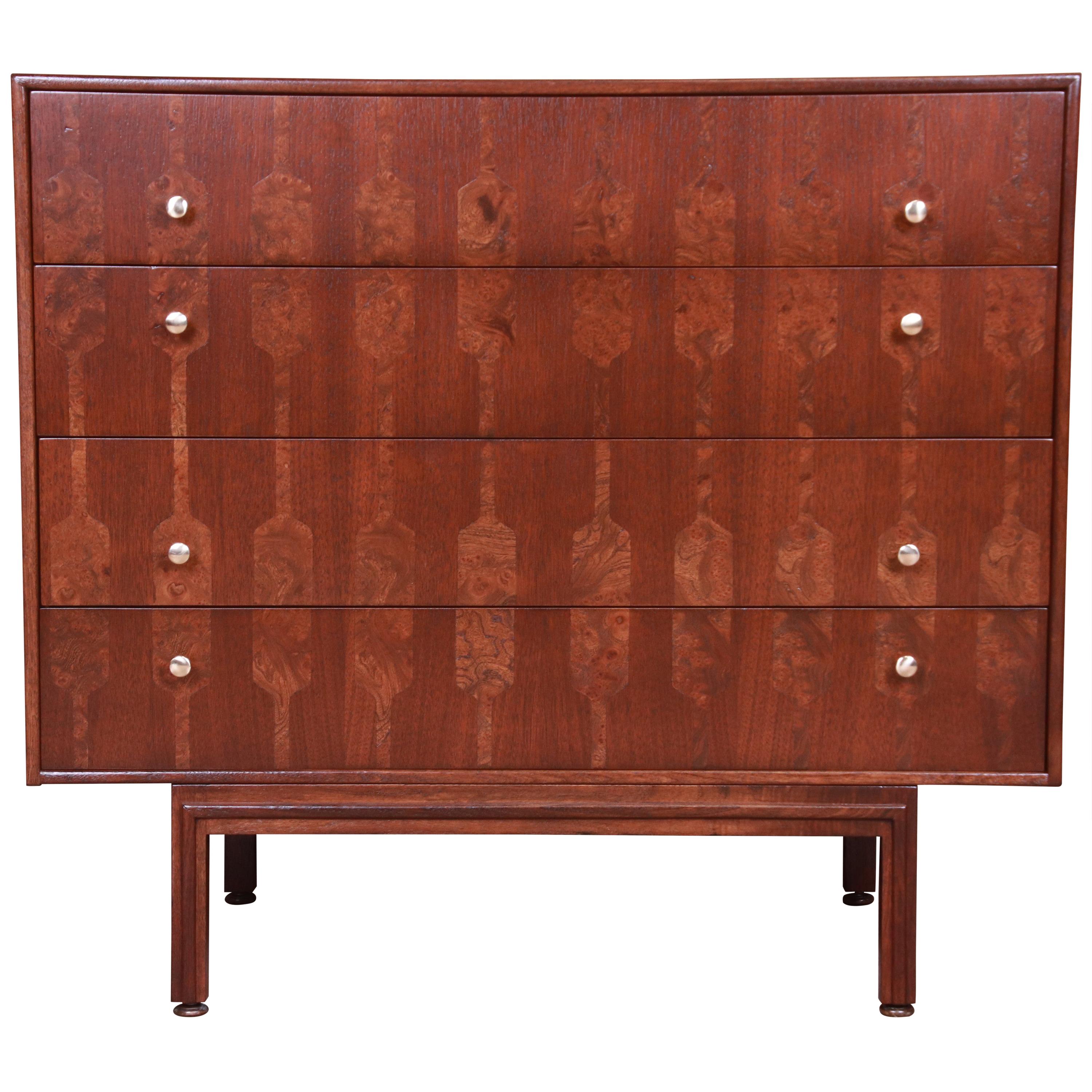 Romweber Mid-Century Modern Walnut and Burl Wood Chest of Drawers, Refinished