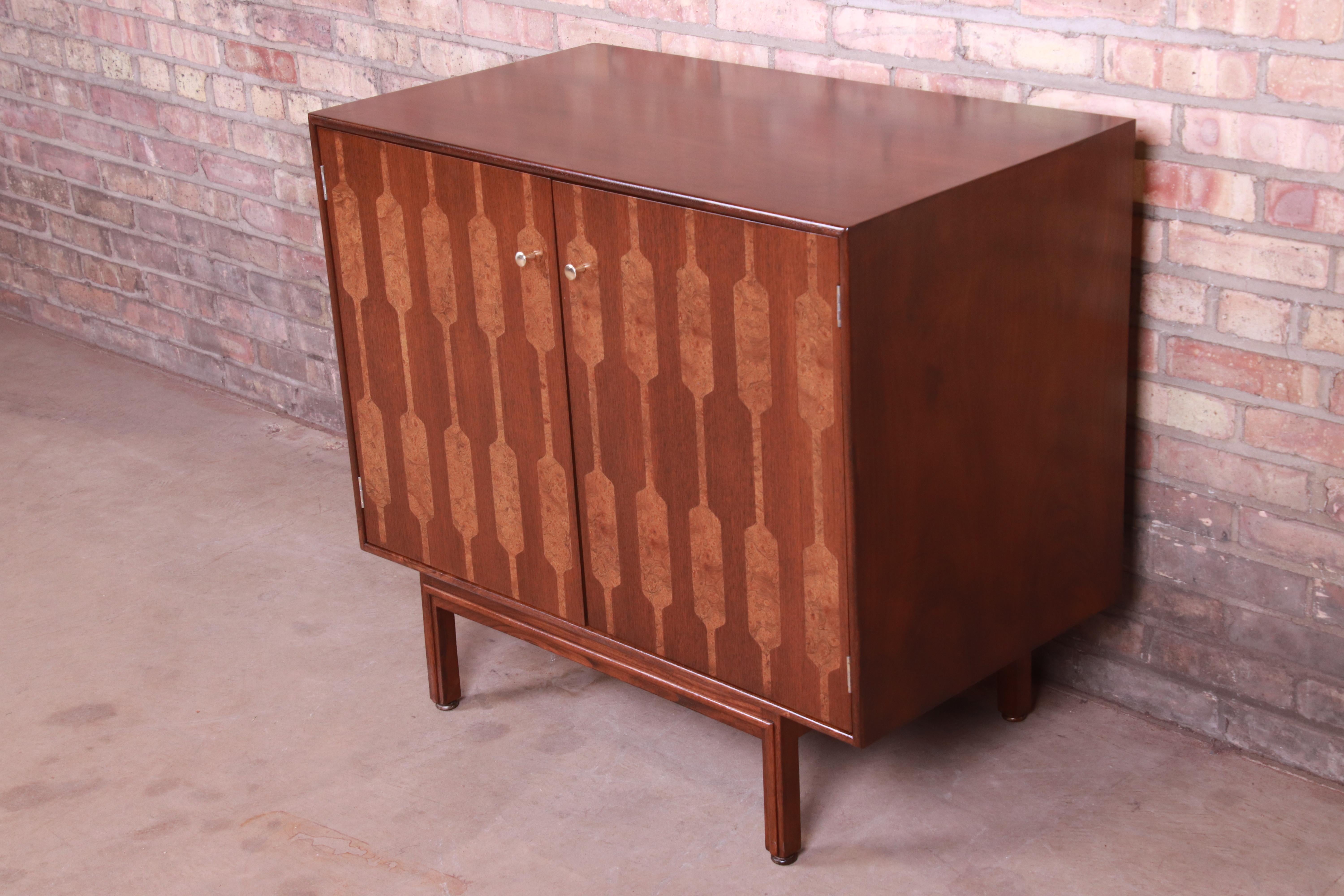 Mid-20th Century Romweber Mid-Century Modern Walnut and Inlaid Burl Wood Bar Cabinet, Refinished