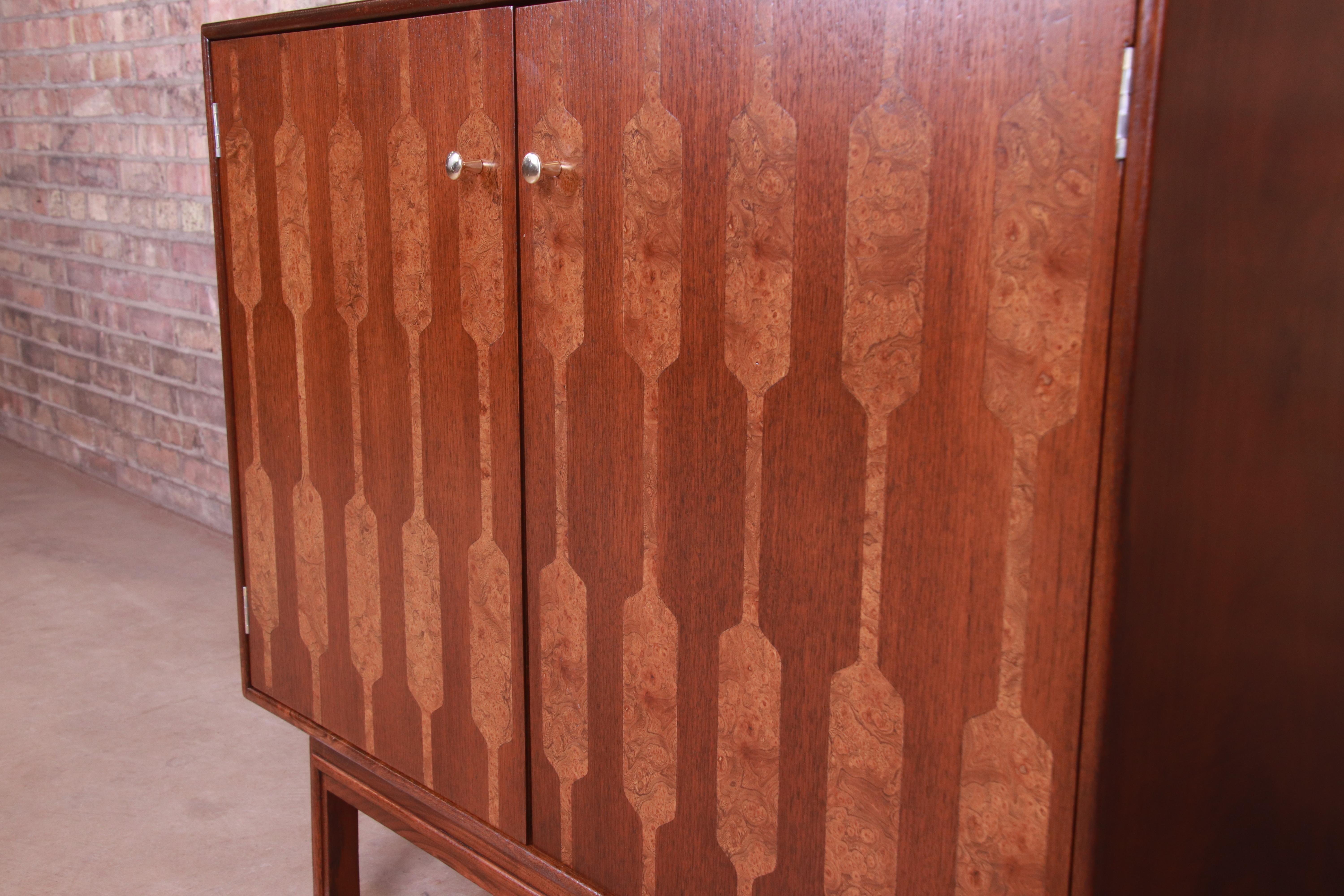 Romweber Mid-Century Modern Walnut and Inlaid Burl Wood Bar Cabinet, Refinished 3