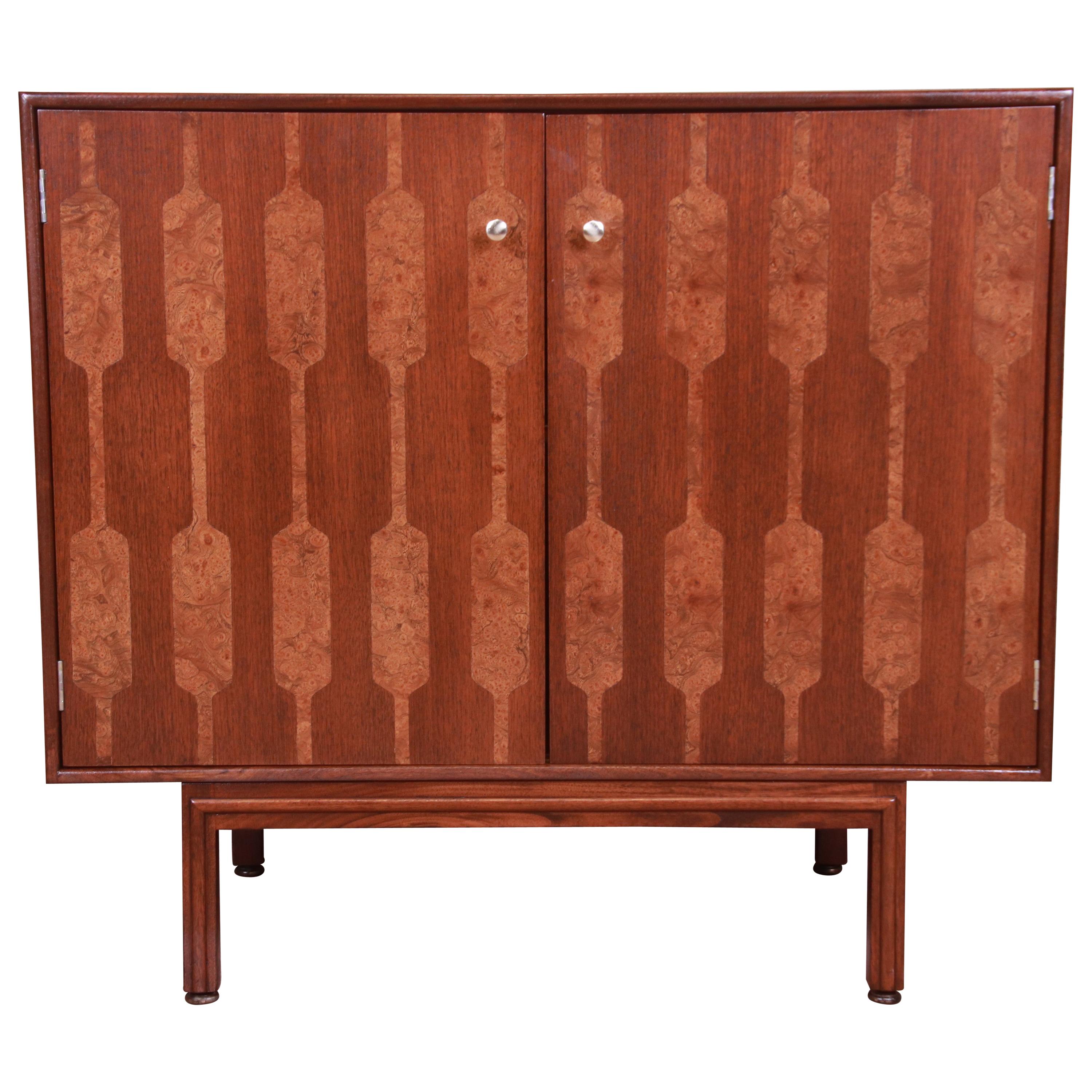 Romweber Mid-Century Modern Walnut and Inlaid Burl Wood Bar Cabinet, Refinished