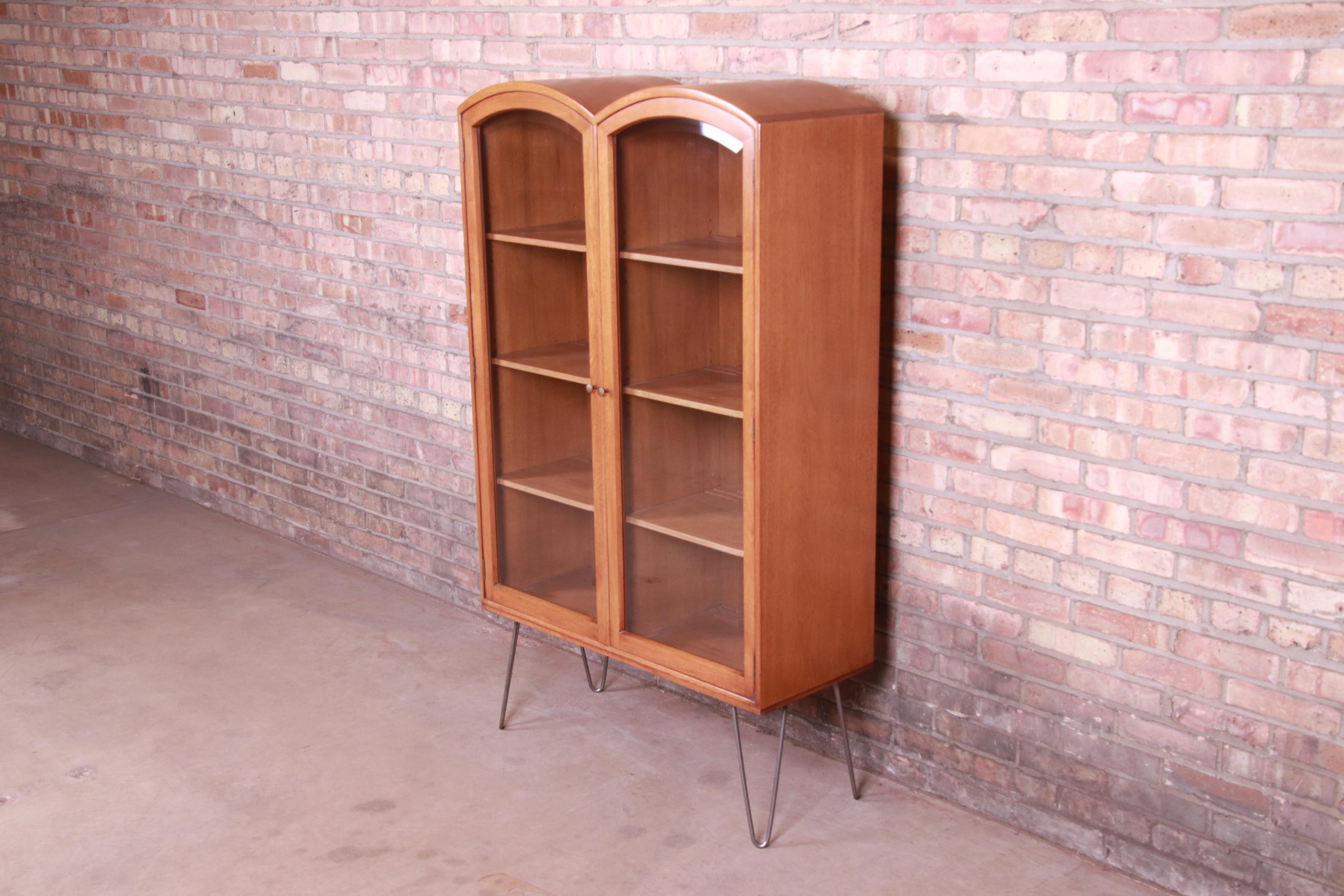 American Romweber Mid-Century Modern Walnut Glass Front Bookcase on Hairpin Legs