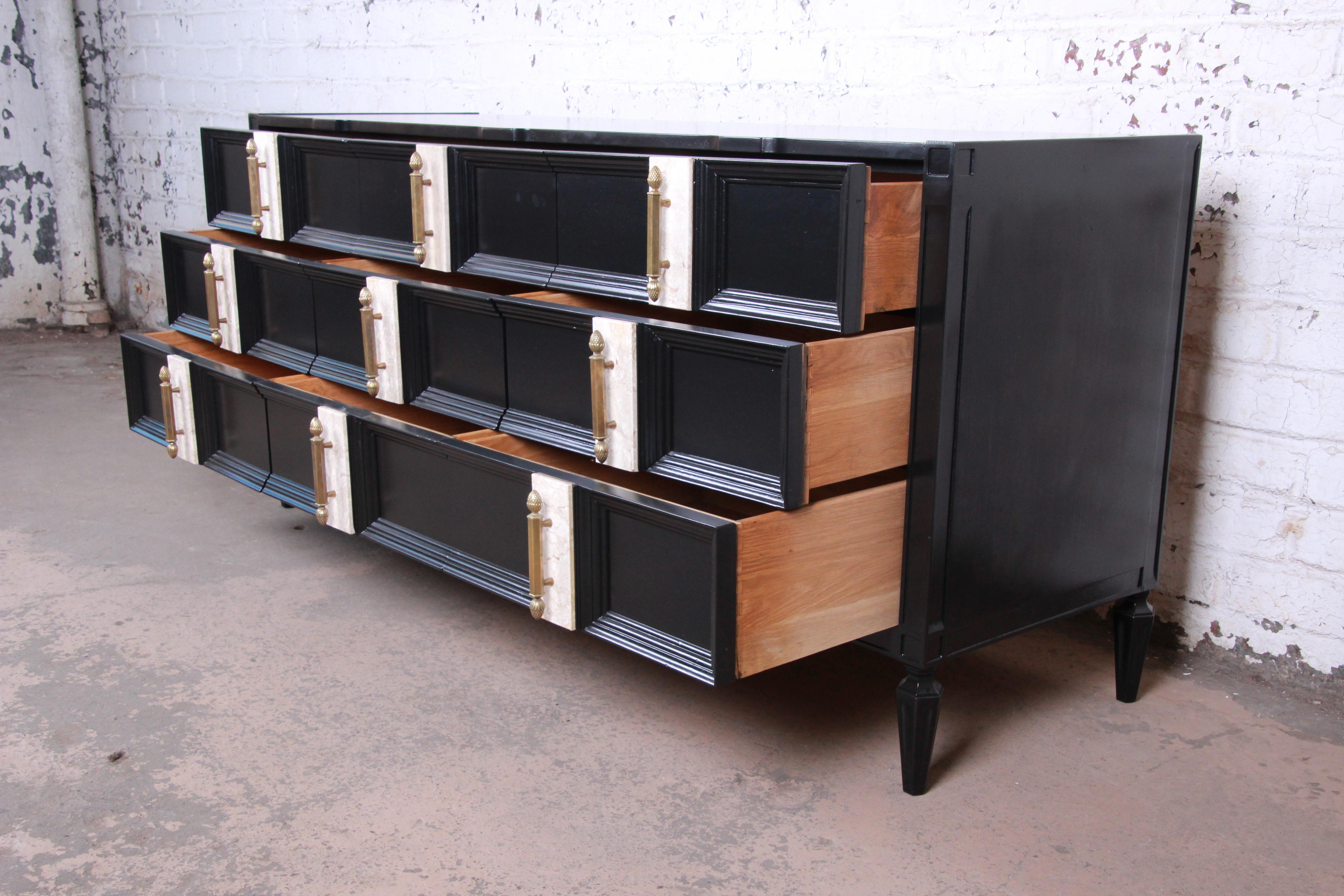 American Romweber Midcentury Triple Dresser in Ebonized Wood, Travertine and Brass