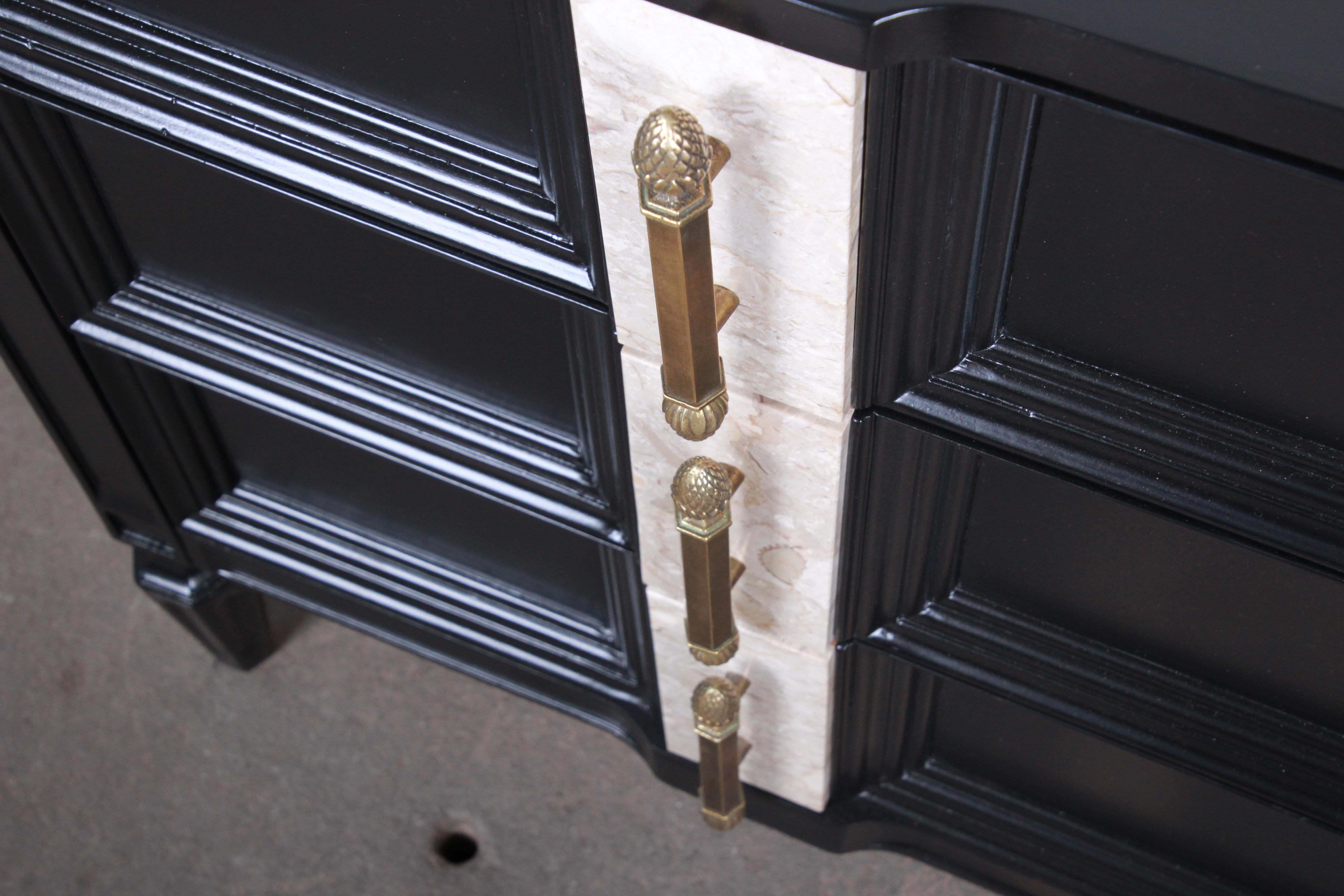 Romweber Midcentury Triple Dresser in Ebonized Wood, Travertine and Brass 1