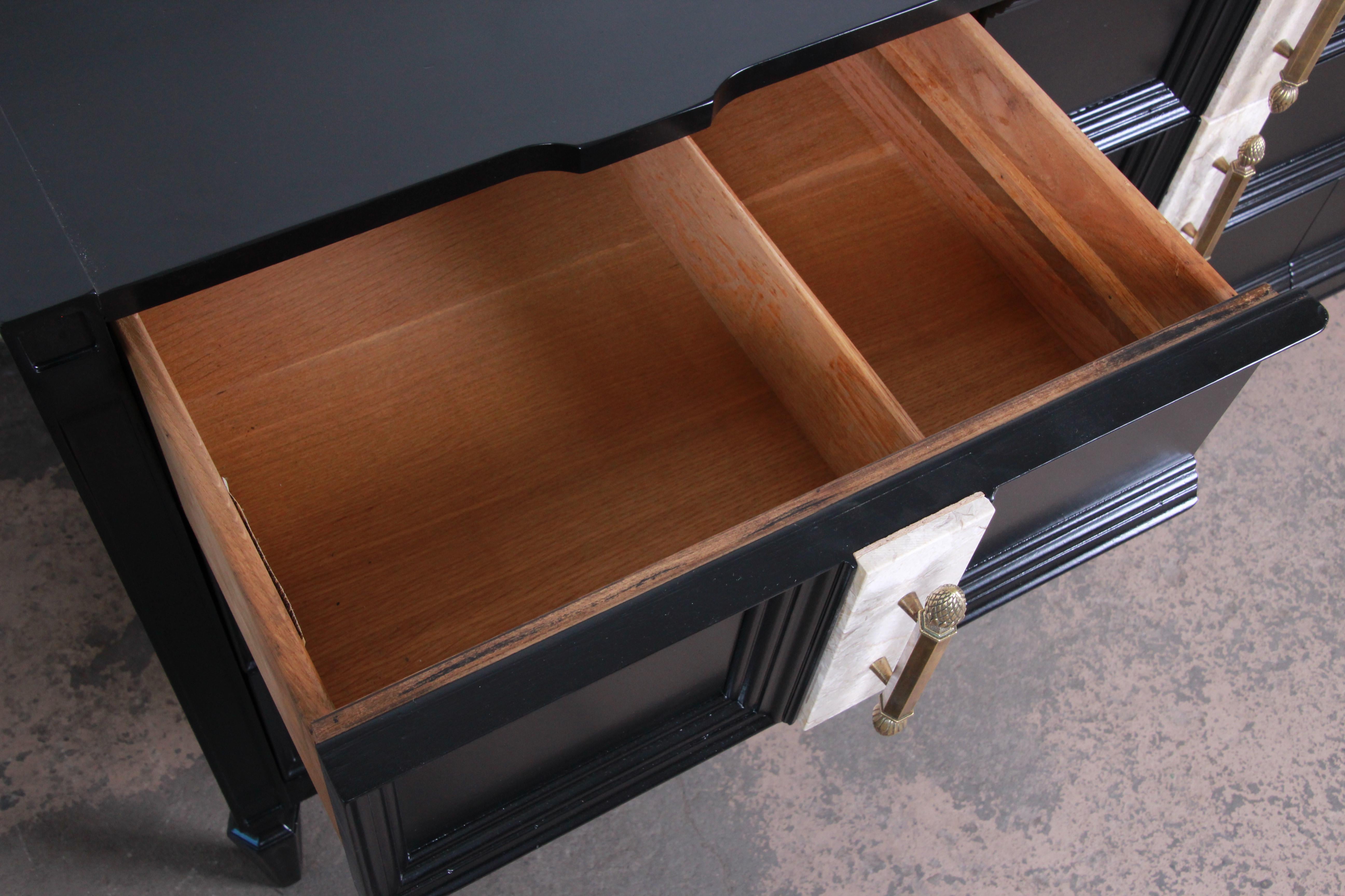 Romweber Midcentury Triple Dresser in Ebonized Wood, Travertine and Brass 2
