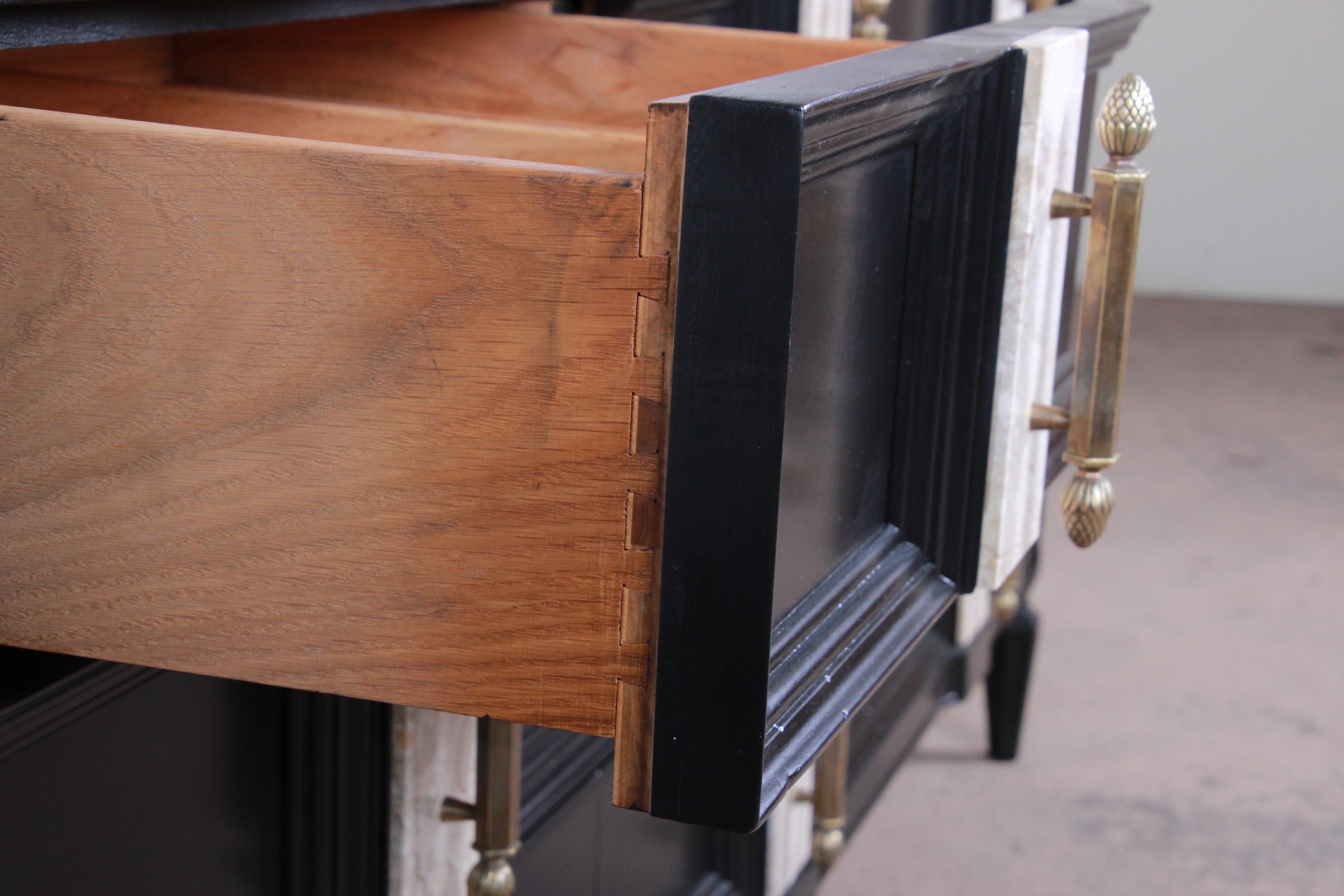 Romweber Midcentury Triple Dresser in Ebonized Wood, Travertine and Brass 3