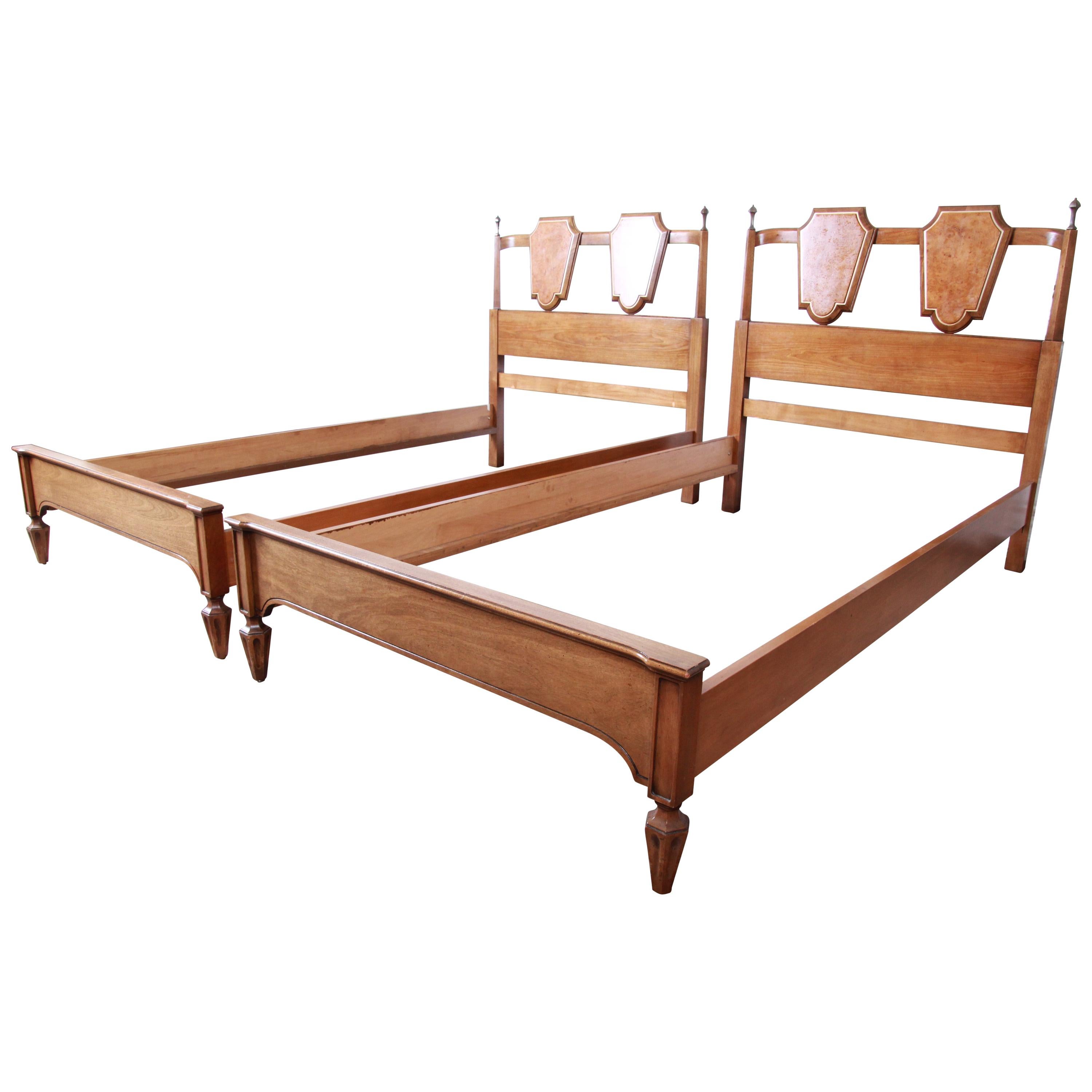 Romweber Midcentury Hollywood Regency Burl Wood and Brass Twin Beds, Pair